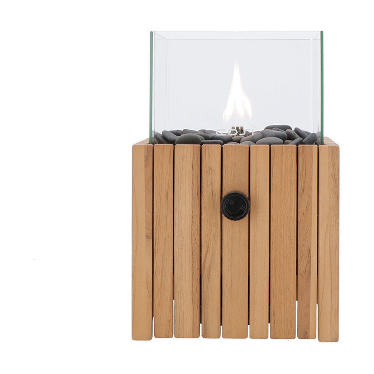 Cosi Timber Square Gas Flame Lantern in teak-look wood with a square glass surround, grey pebble filling, black control knob, and a lit flame, shown on a plain white background.