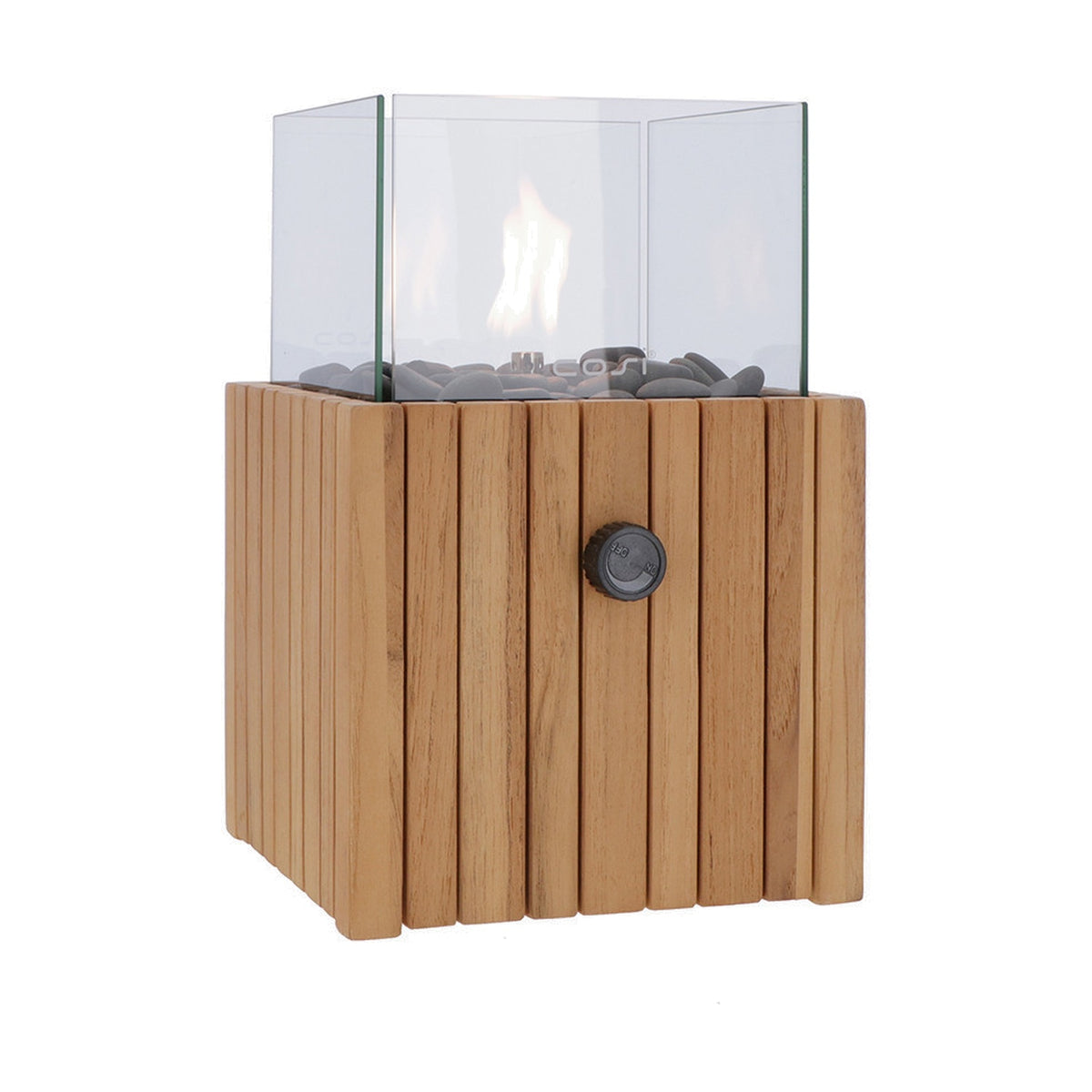 Cosi Timber Square Gas Flame Lantern, 30cm, with teak-look wood base, glass panel top, black control knob, and grey pebbles, on a plain white background.