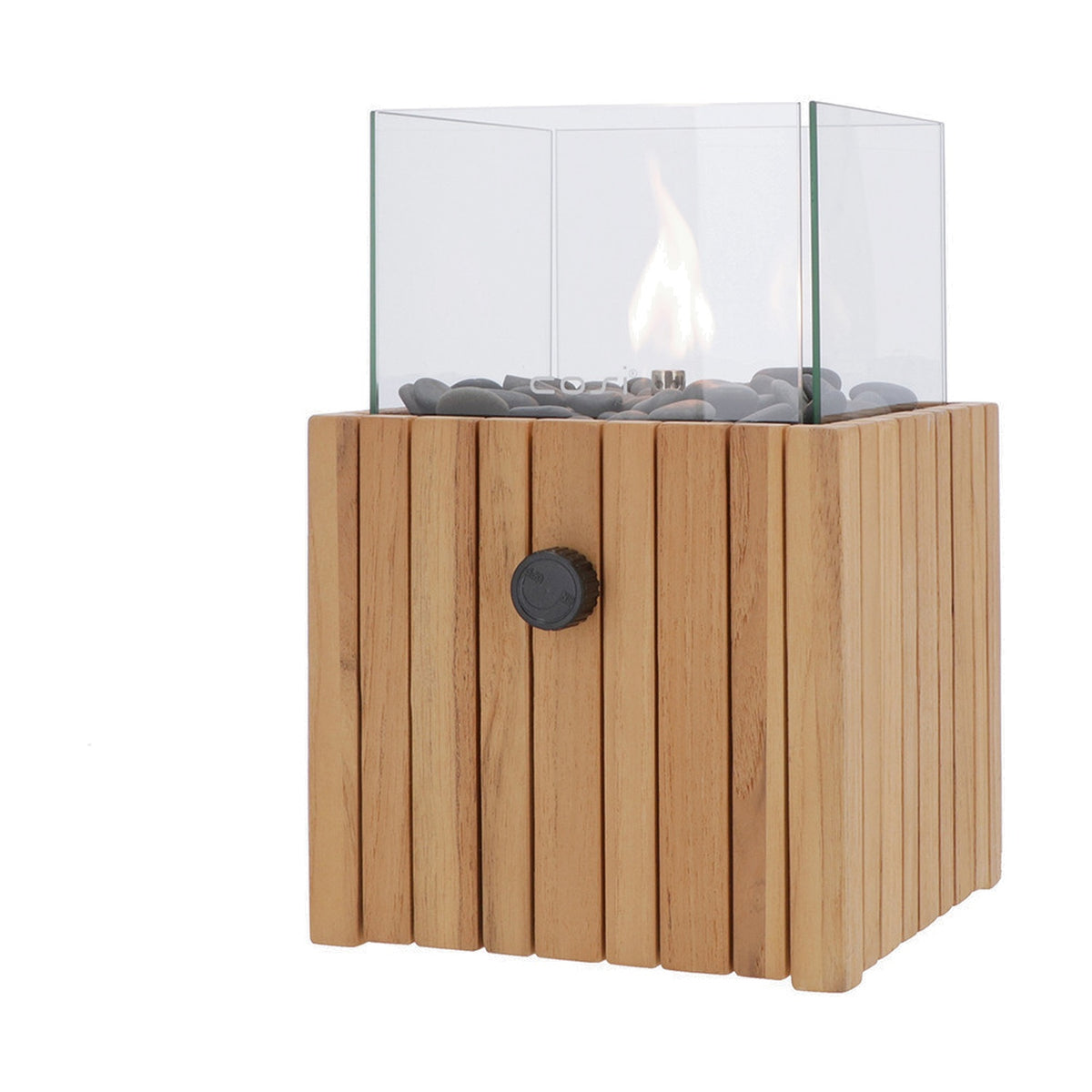 Cosi Timber Square Gas Flame Lantern, 30cm, with teak-look wood base, glass panel top, black control knob, and grey pebbles around the flame, shown on a plain white background.