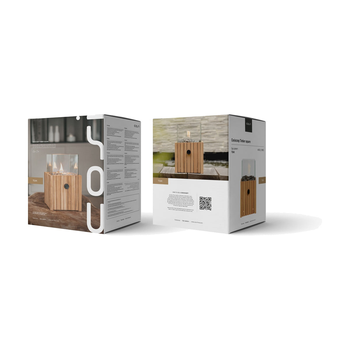 Retail packaging for the Cosi Timber Square Gas Flame Lantern in teak, shown front and back with product images, specifications, and QR code on a white background.