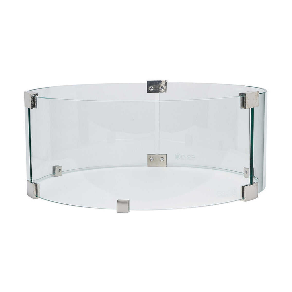 Cosiglass Set Large Fire Pit surround, 52cm wide, round tempered glass panels joined with brushed metal brackets, shown on a plain white background.