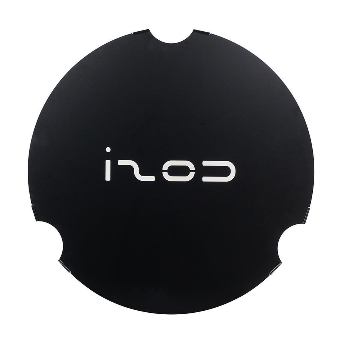 Cosi 52cm round cover plate for large glass fire pit set in matte black with white IZOD logo and notched edge design, shown on a plain white background.