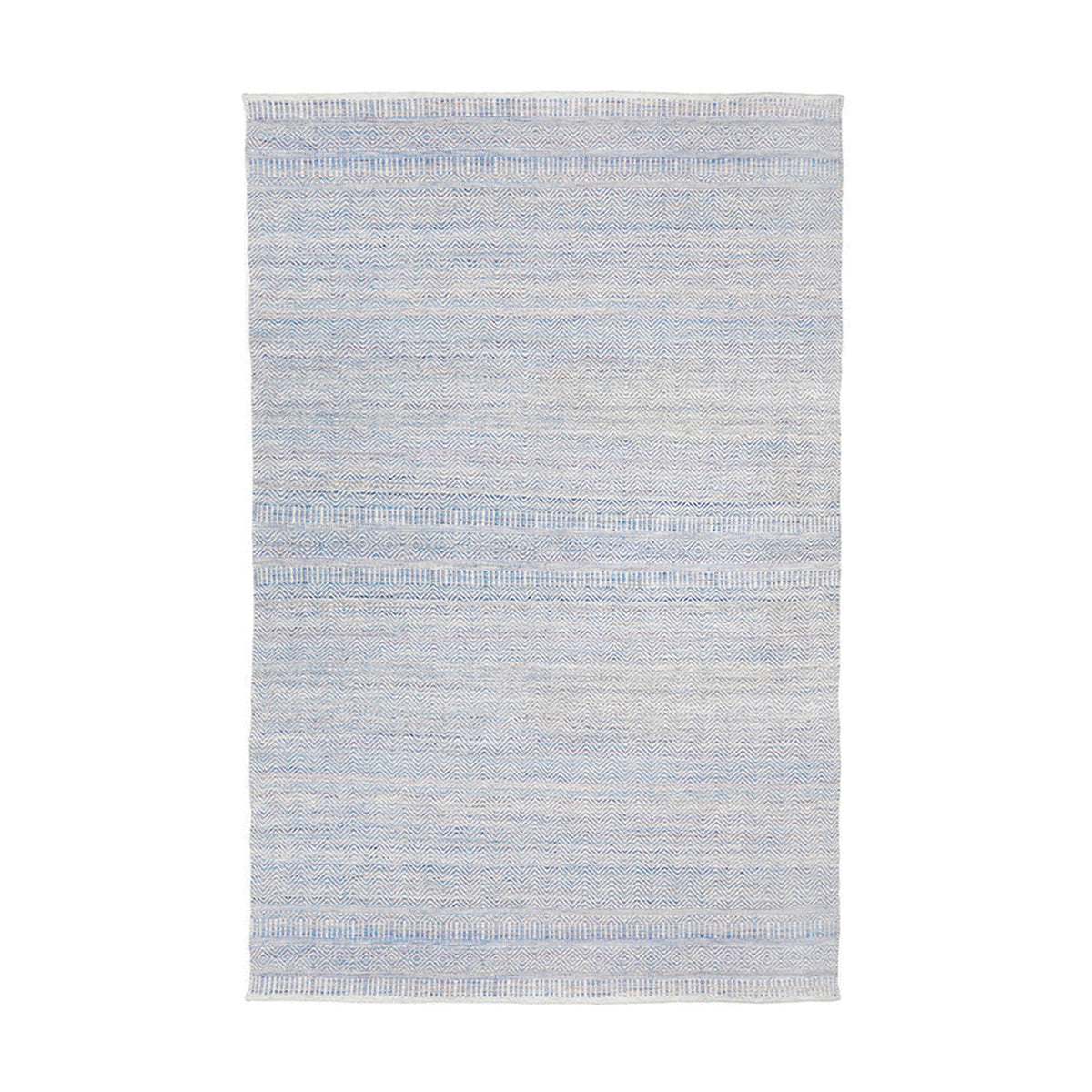 Indoor outdoor rug in aqua blue and white with a woven Inca-style striped and chevron pattern, 230 x 160cm, shown flat on a plain white background.