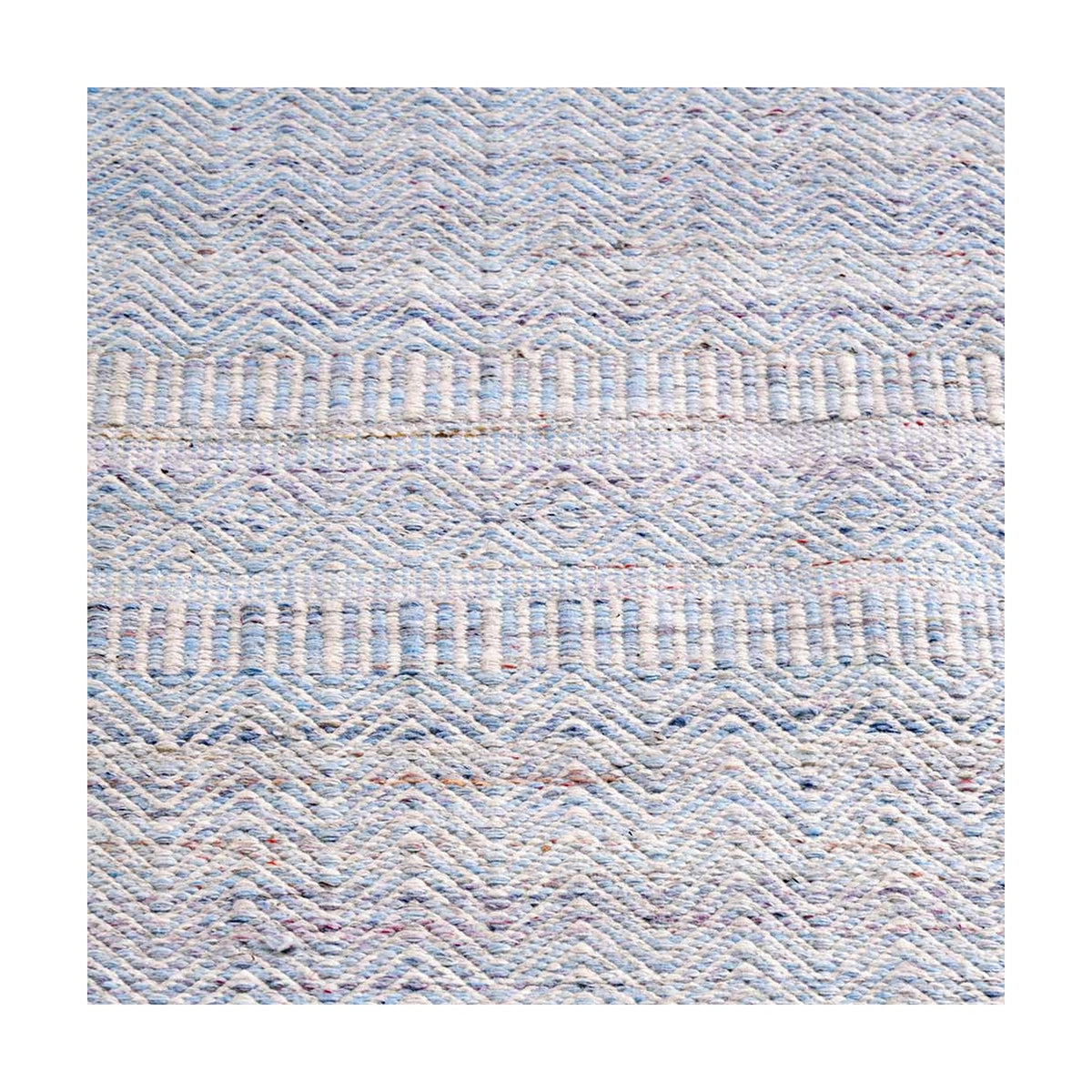 Close-up of the Indoor Outdoor Aqua Blue & White Inca Design Rug, showing woven chevron and diamond patterns in pale blue and white polyester fabric.