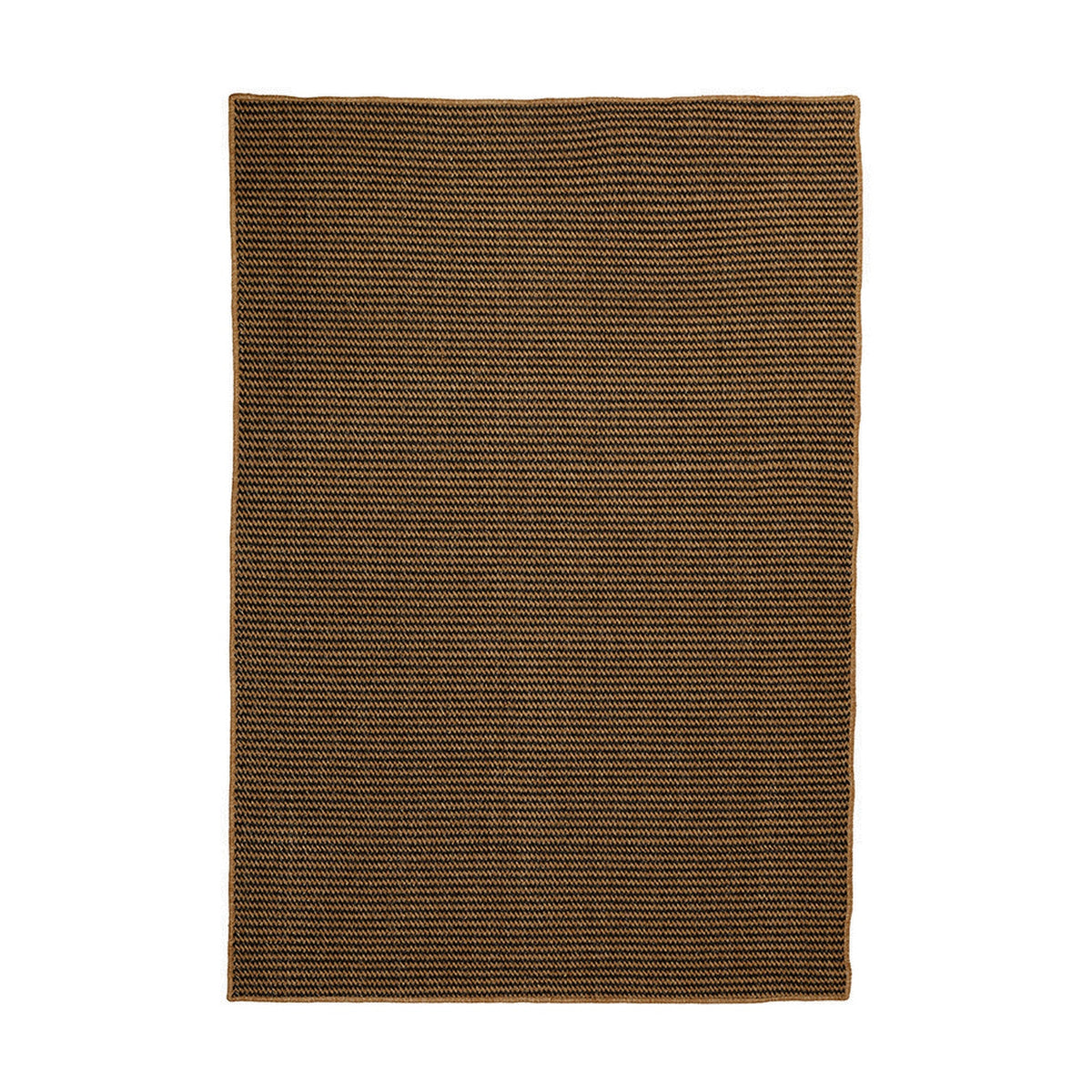 Rectangular indoor outdoor rug in natural and slate grey with a fine woven stripe pattern and bound edge, shown on a plain white background.