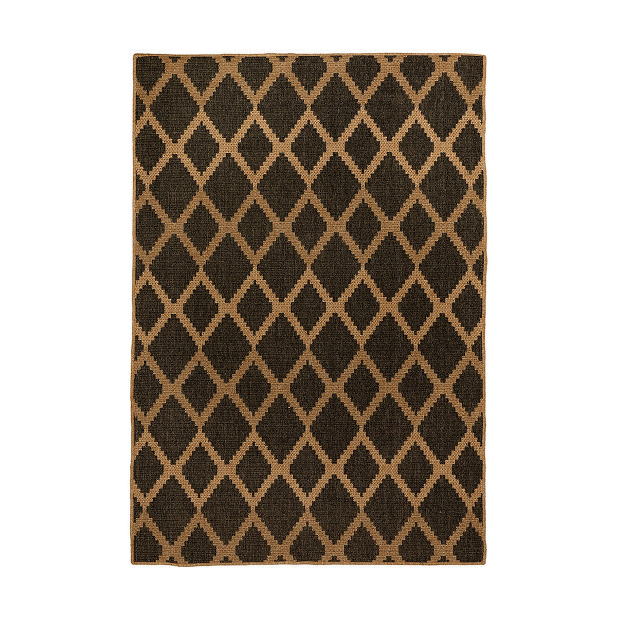 Indoor outdoor rug, 230 x 160cm, with a slate grey and natural diamond trellis pattern, polypropylene fibre, shown on a plain white background.