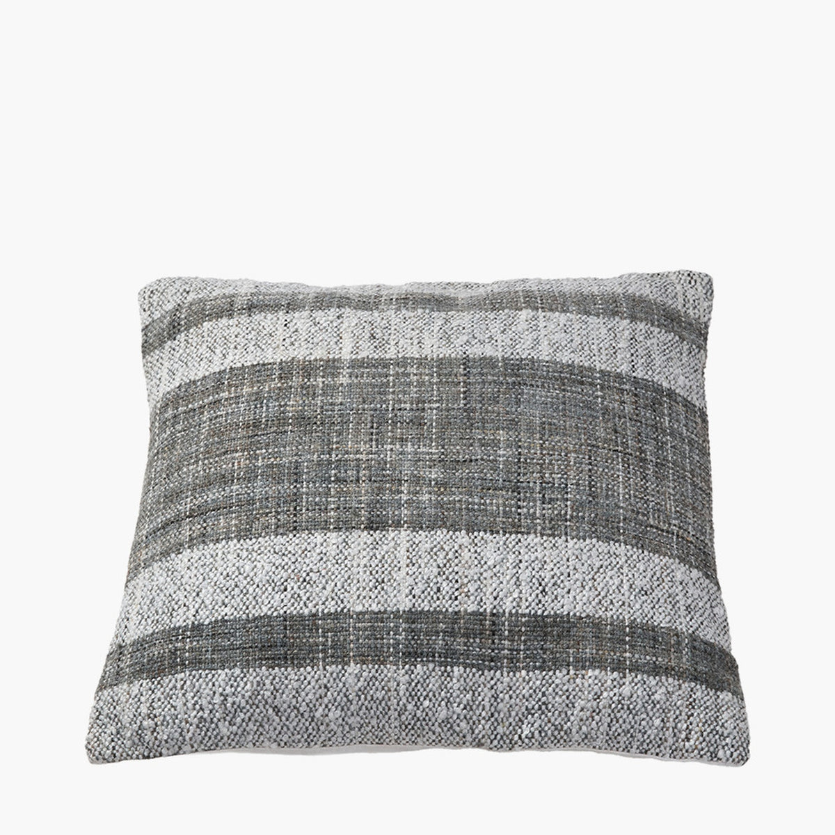Indoor Outdoor Steel Grey & White Stripe Design Scatter Cushion in a woven textured fabric with horizontal grey and white stripes, shown against a plain white background.