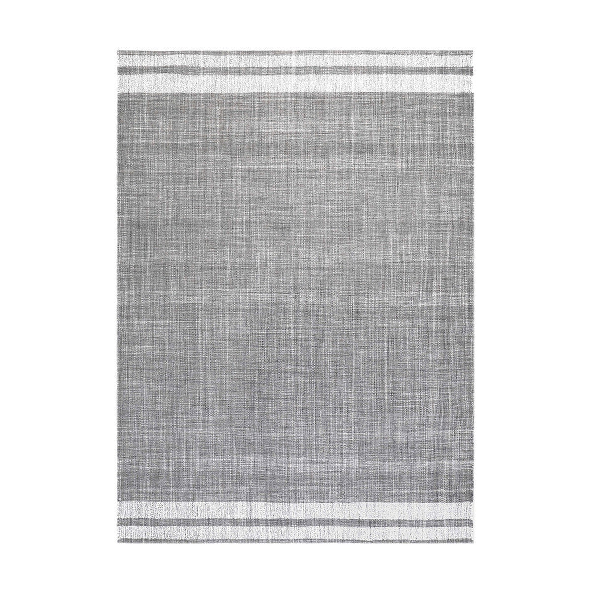 Indoor outdoor rug in steel grey with white striped borders top and bottom, woven fabric texture, shown on a plain white background.