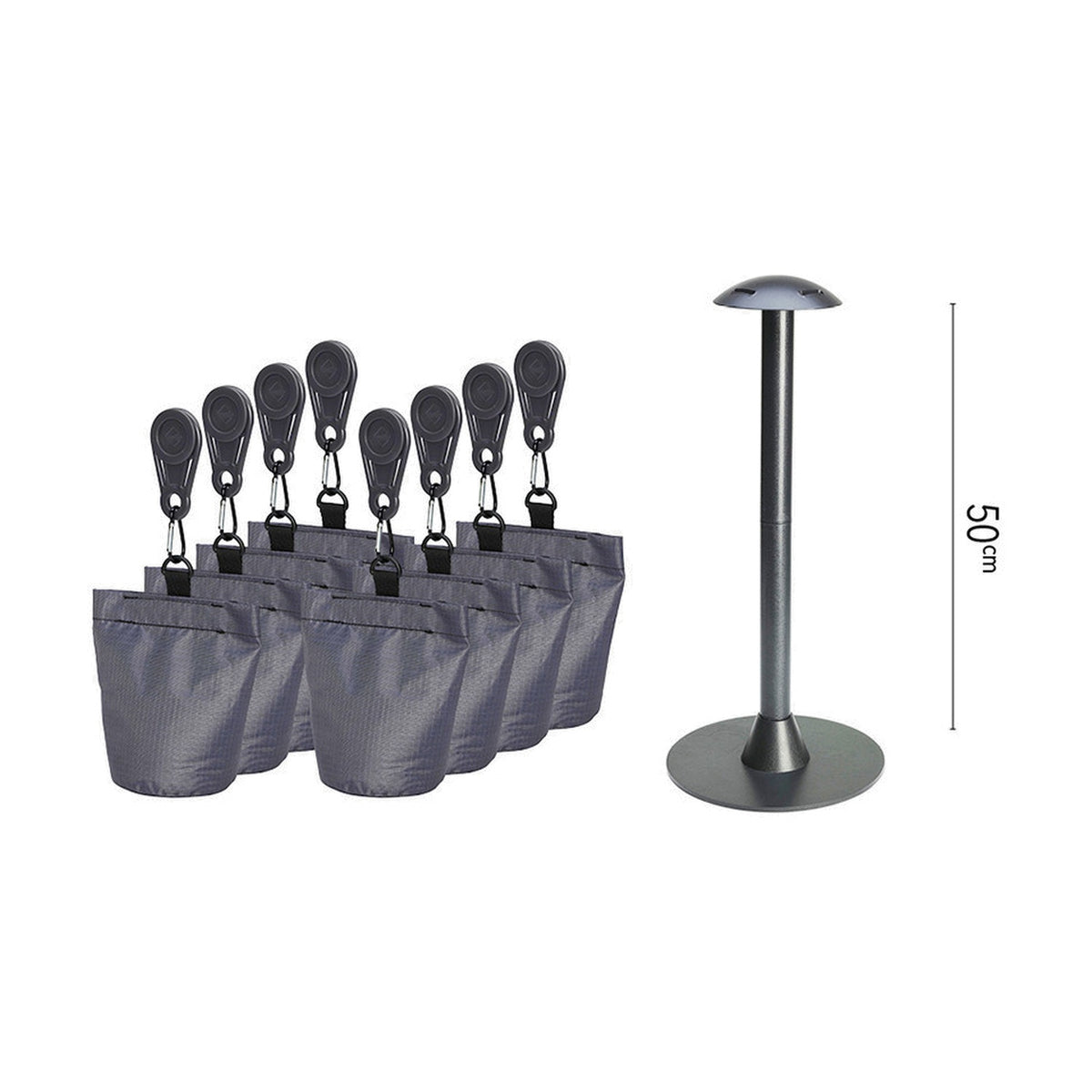 Cover Support Pole Set - 50cm in anthracite, with a rounded domed top, weighted round base, and eight grey fabric weight bags with adjustable clip straps, shown on a plain white background.