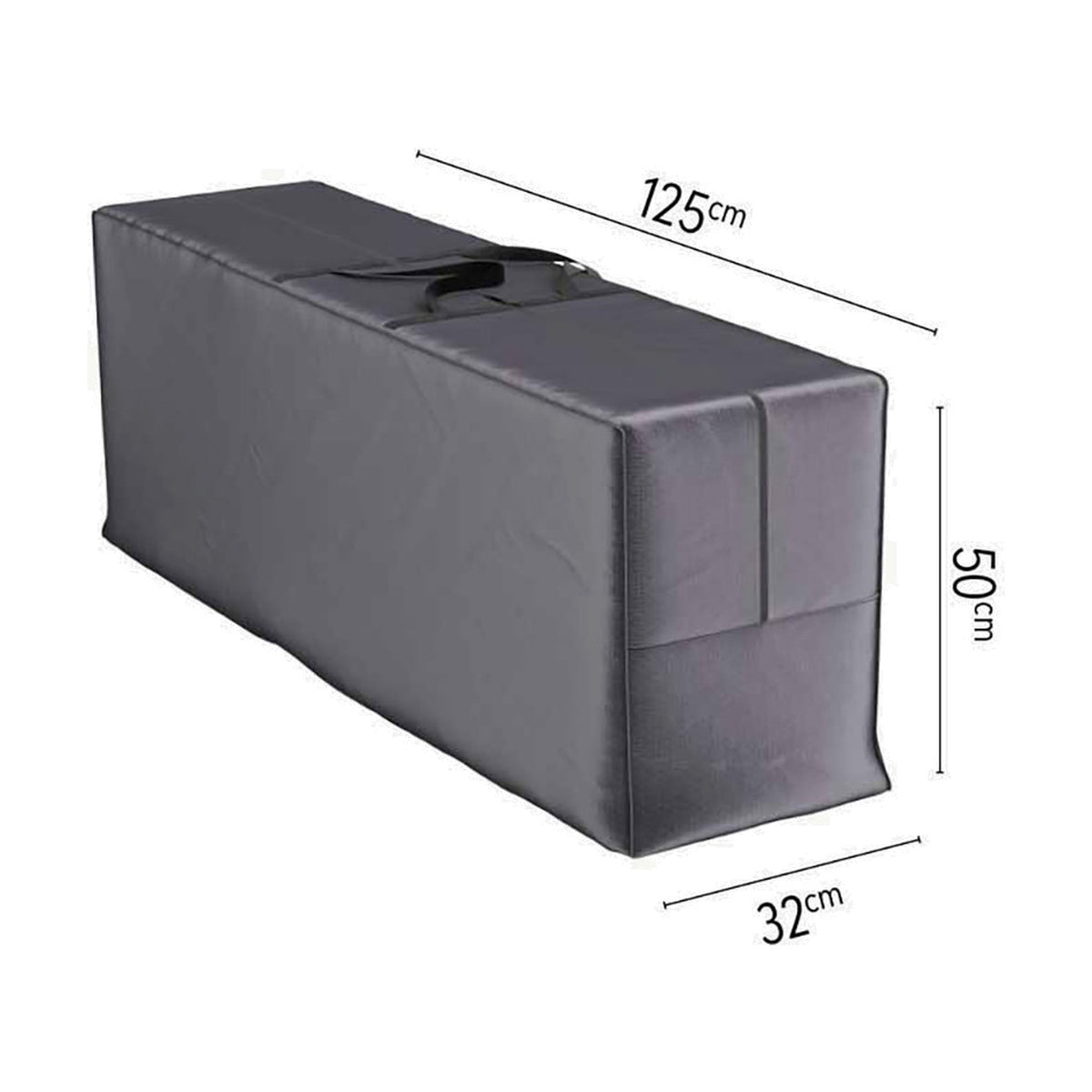 Rectangular garden cushion storage bag in anthracite fabric with carry handle and zip closure, shown with 125cm, 32cm and 50cm dimensions on a white background.