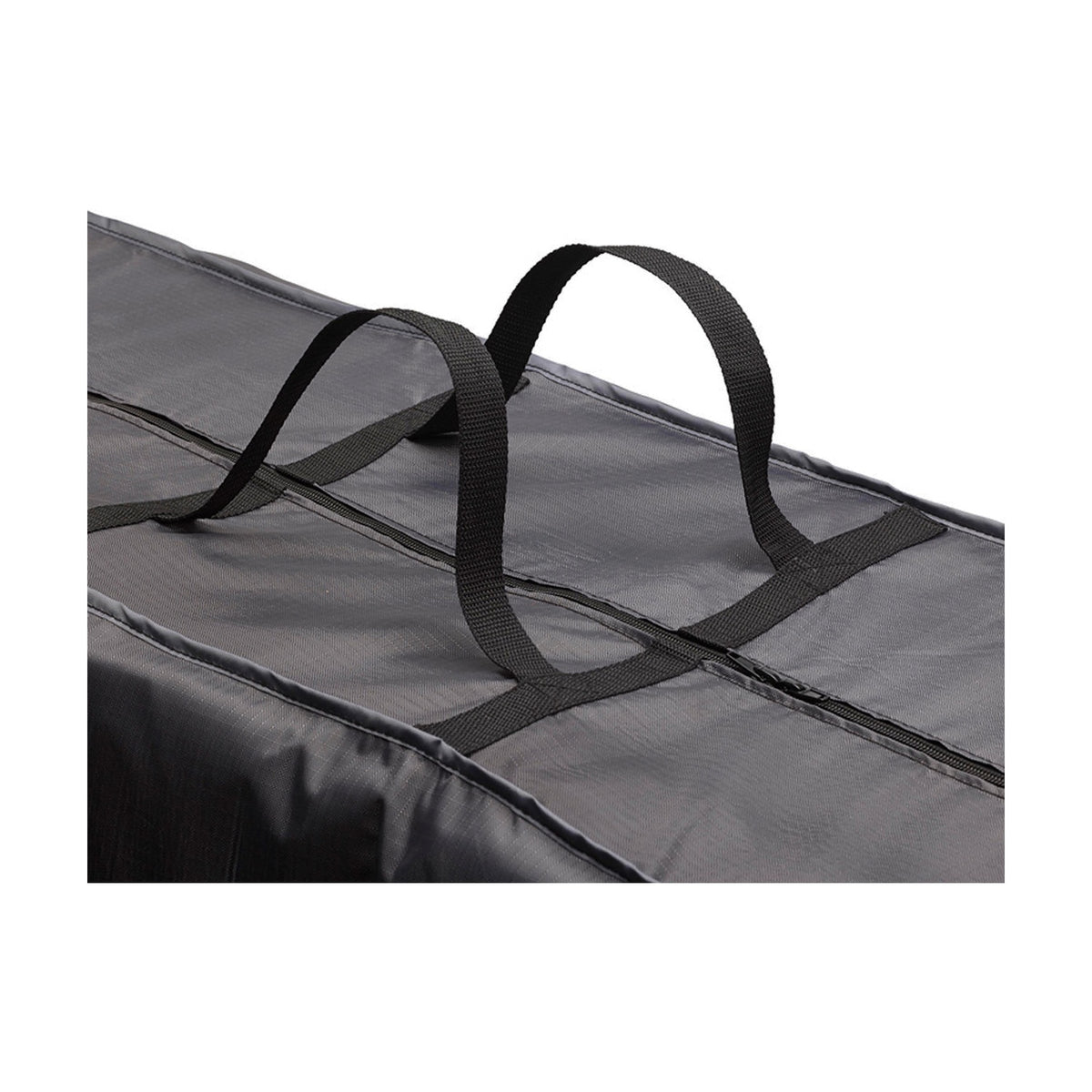 Close-up of the anthracite Cushion Bag Aerocover garden storage box, 125 x 32cm, showing fabric texture, zip seam, and two black carrying handles.