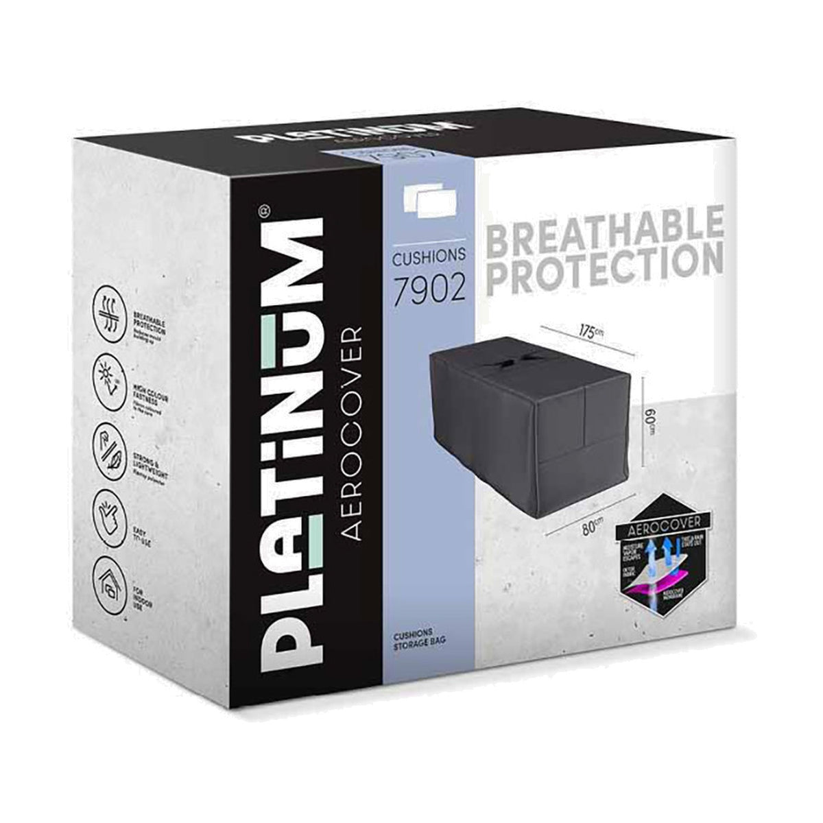 Product packaging for the Platinum Aerocover Cushion Storage Bag, 175 x 80cm, showing an anthracite fabric garden storage box with dimensions and breathable protection details.