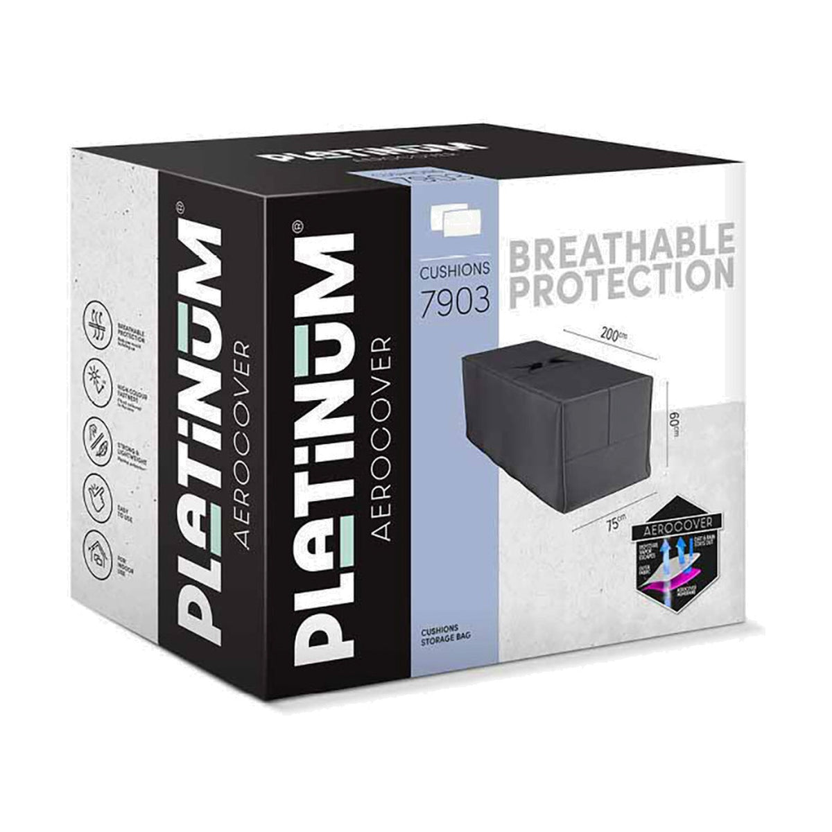 Retail packaging for the Platinum Aerocover Cushion Bag garden storage box, 200 x 75cm, in anthracite fabric, shown with product diagram and icons on the box.