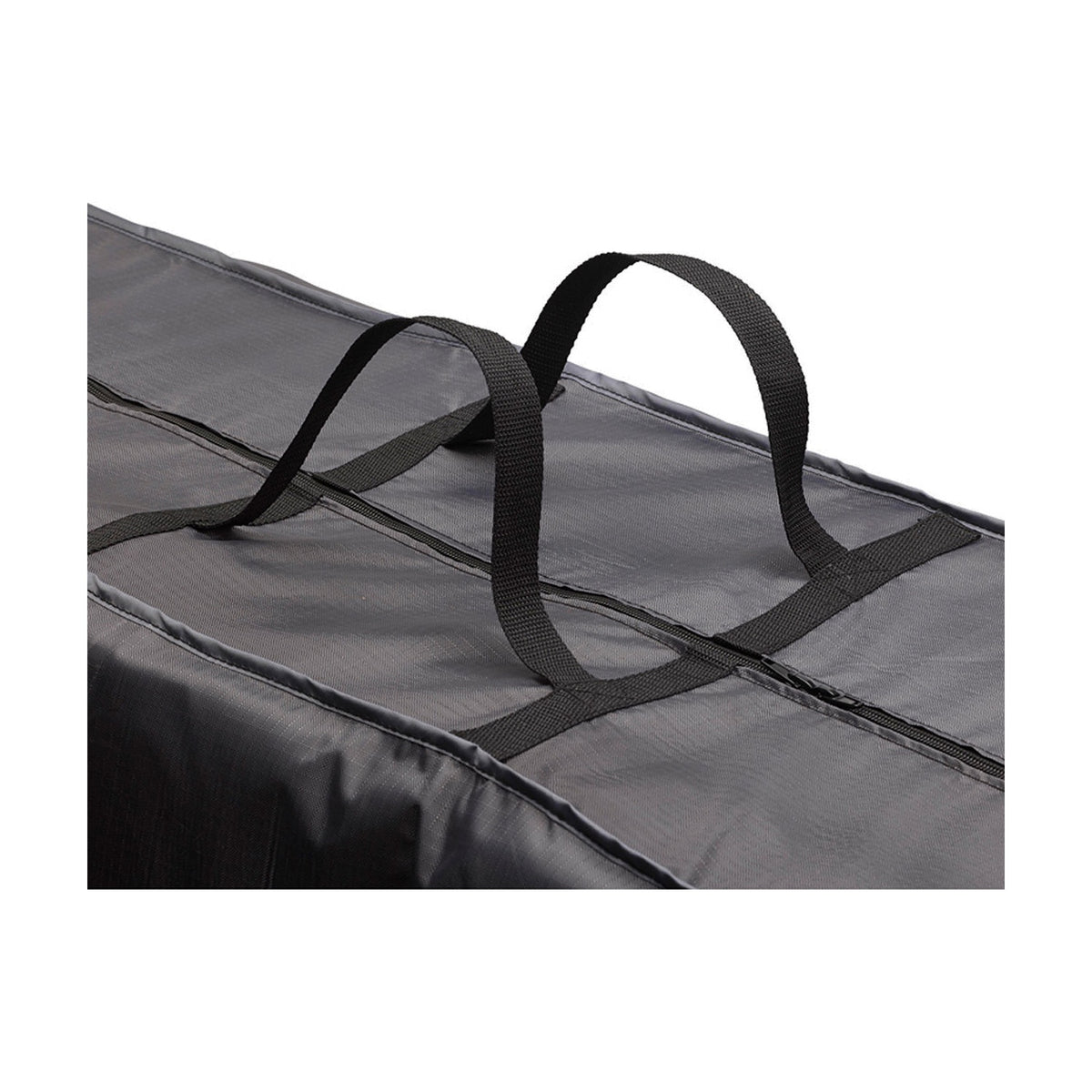 Close-up of the Cushion Bag Aerocover garden storage box in anthracite fabric, showing woven carry handles and a zip seam on the case.