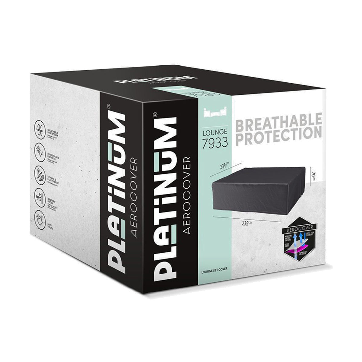 Platinum Aerocover Lounge 7933 packaging box showing a 235 x 235cm anthracite garden furniture cover with breathable protection labelling on a grey and white design.
