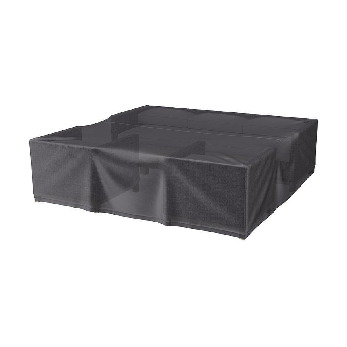 Outdoor furniture cover in anthracite fabric, 235 x 235cm, shown fitted over a square seating set on a plain white background.