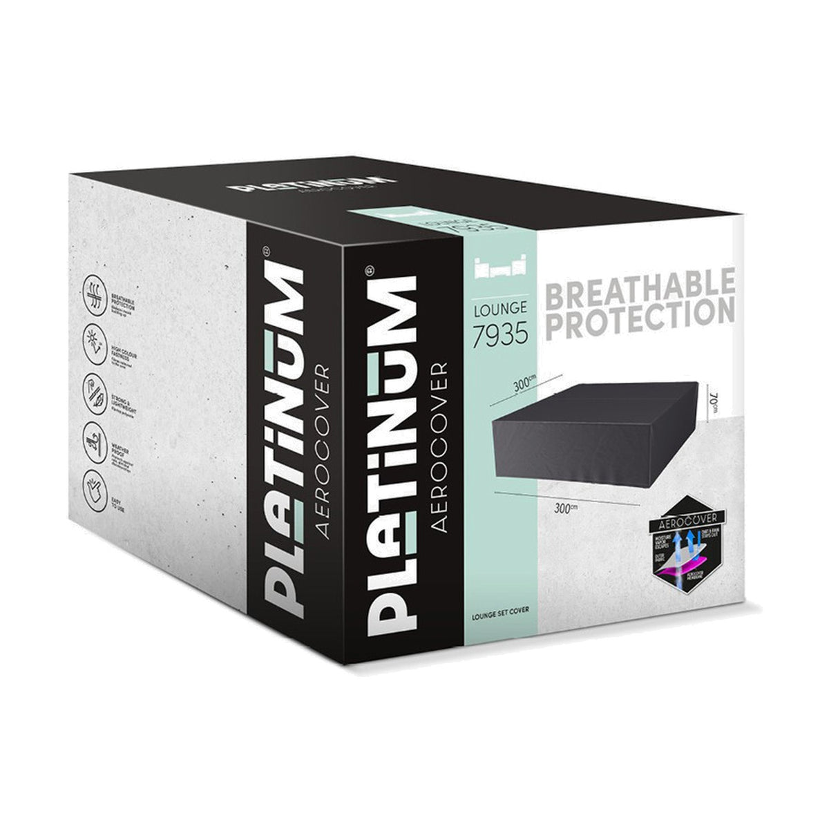 Packaging box for Platinum Aerocover Lounge 7935 seating set cover, 300 x 300cm, anthracite fabric, shown with product illustration and breathable protection text.
