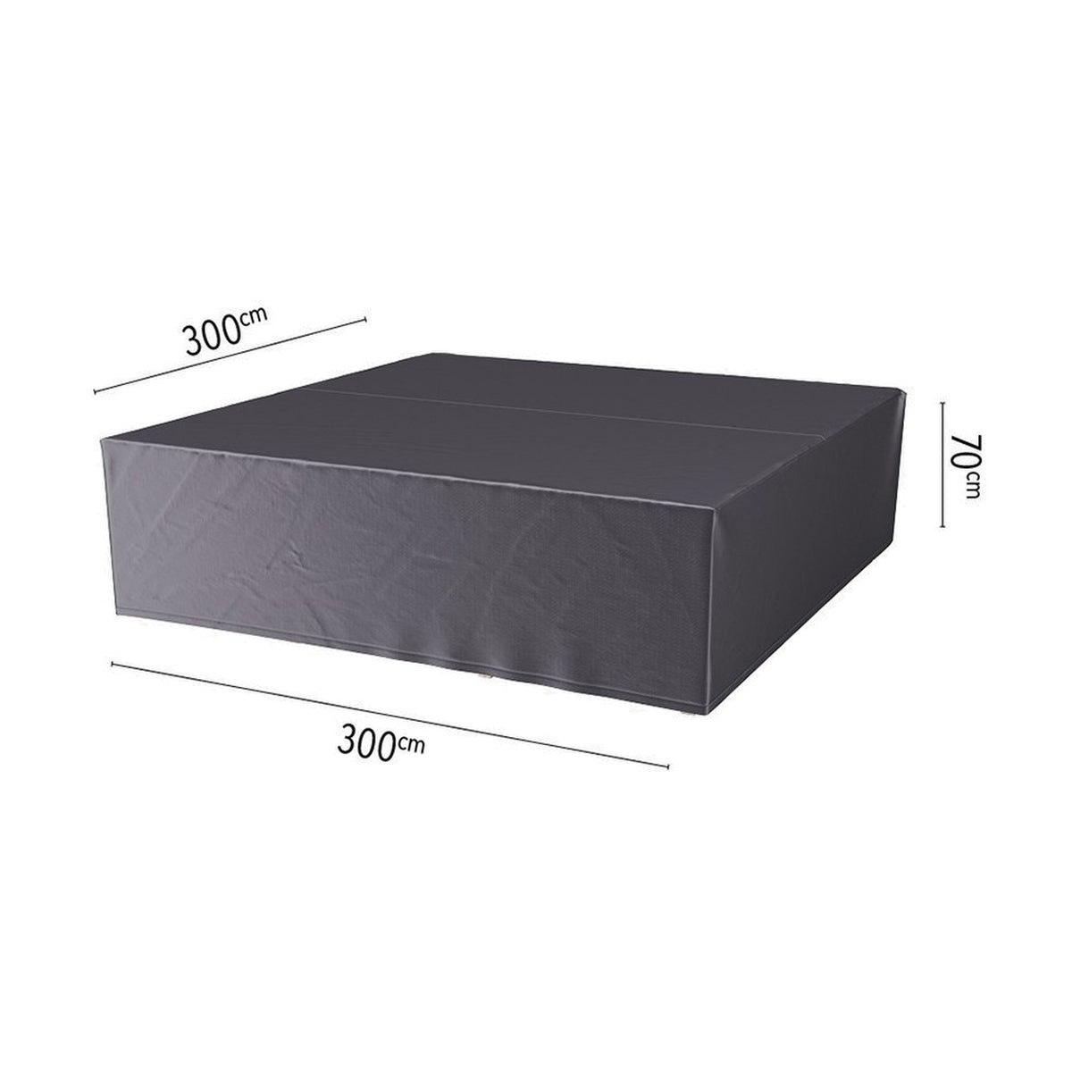 Anthracite fabric seating set Aerocover, 300 x 300cm, shown as a boxy waterproof cover with seamed panels and dimension labels on a white background.