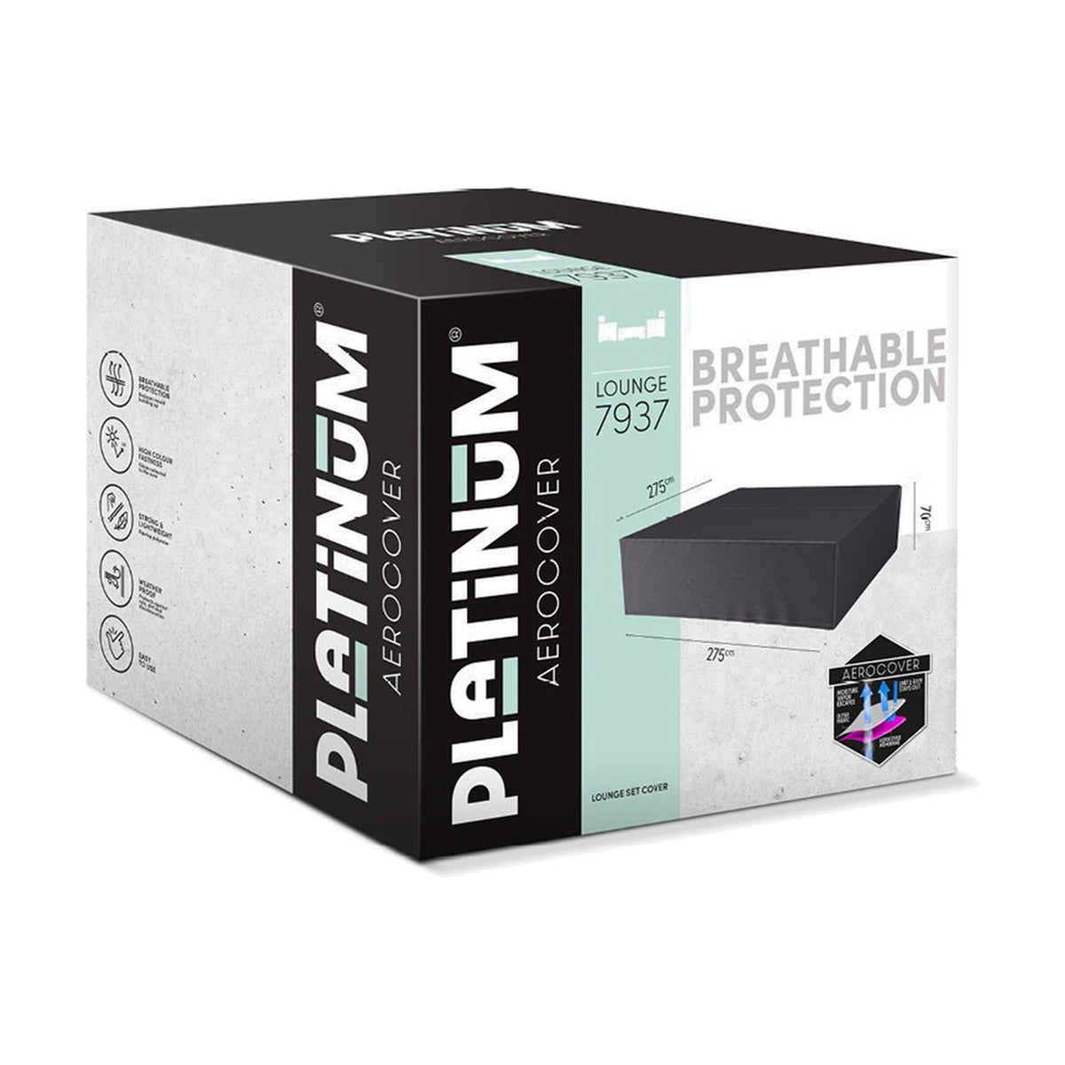 Platinum Aerocover lounge set cover packaging box showing an anthracite fabric garden furniture cover, 275 x 275cm, with breathable protection details on a light grey background.
