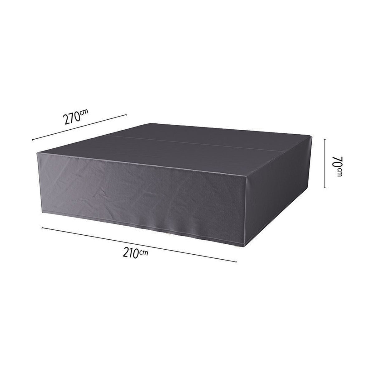 Anthracite fabric garden furniture cover, rectangular box shape with seam detailing, shown on a white background with 270cm, 210cm and 70cm dimensions marked.