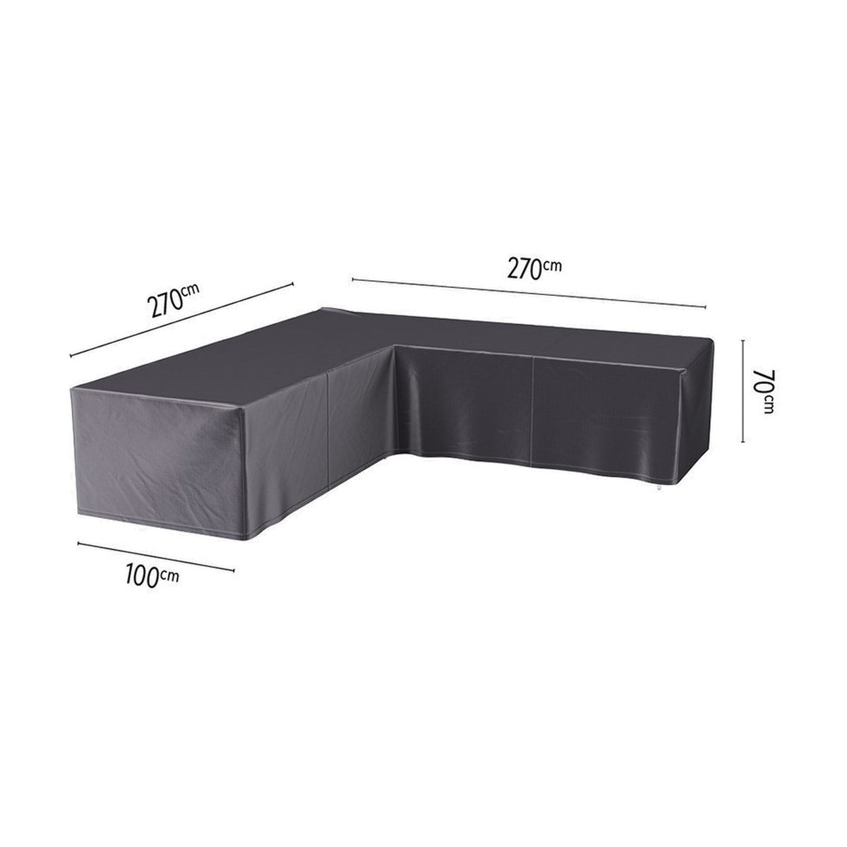 L-shaped garden furniture cover in anthracite polyester fabric, dimensions 270 x 270 x 100cm, 70cm height, shown on a plain white background.