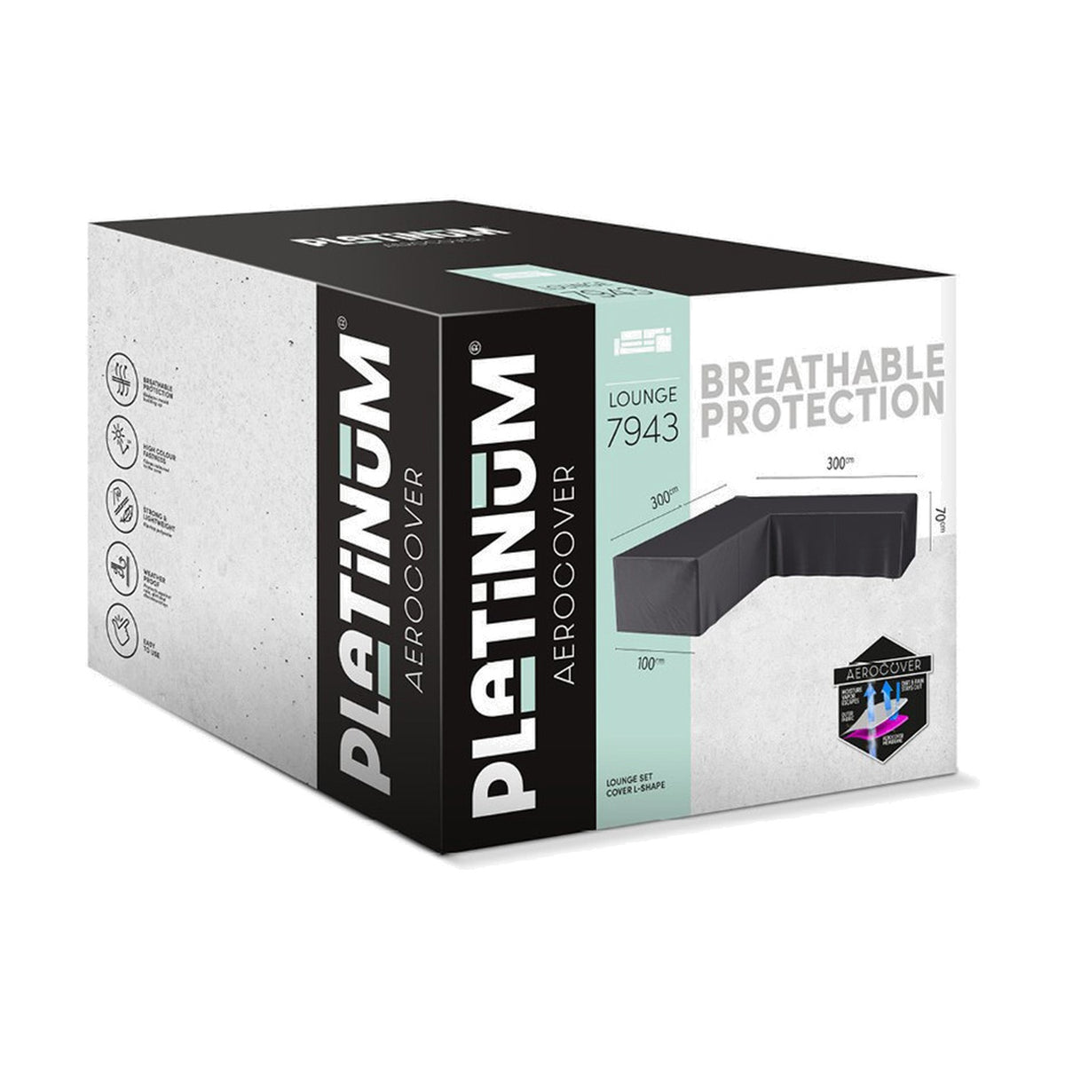 Packaging box for Platinum Aerocover L-Shape lounge set cover, model 7943, in anthracite, sized 300 x 300 x 100 x 70cm, labelled "Breathable Protection".