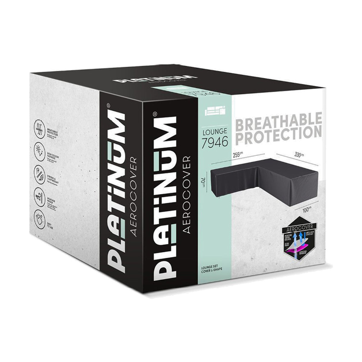 Packaging box for Platinum Aerocover L-shape lounge set cover, anthracite, sized 330x255x100x70cm, with product image and icons on white background.