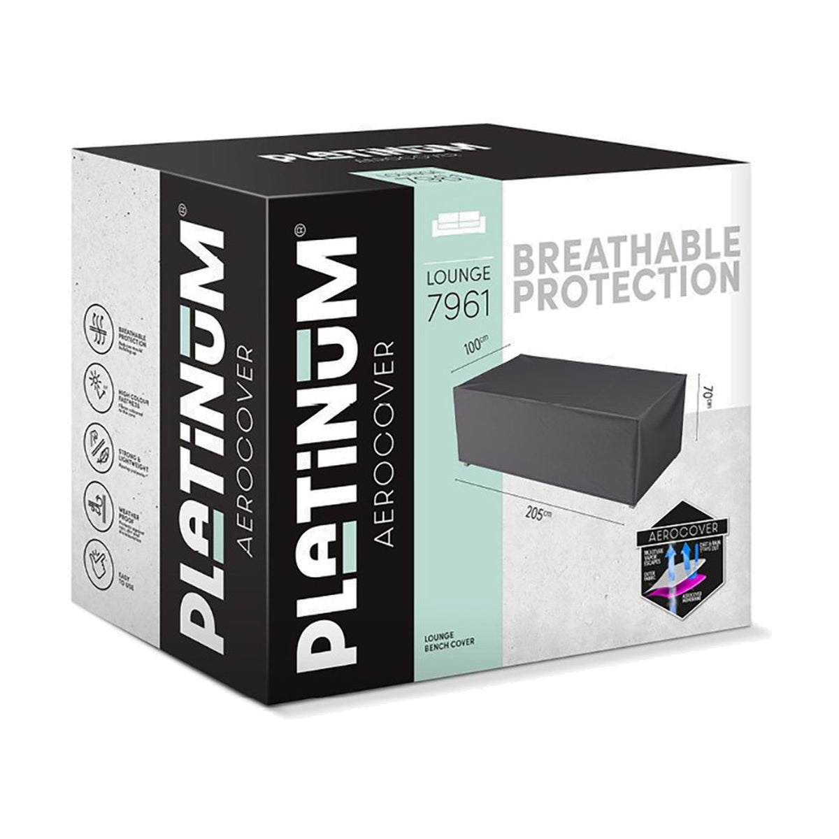 Platinum Aerocover packaging box for the Lounge 7961 bench cover, 205 x 100 x 70cm, shown alongside an anthracite fabric cover image with breathable protection labelling.