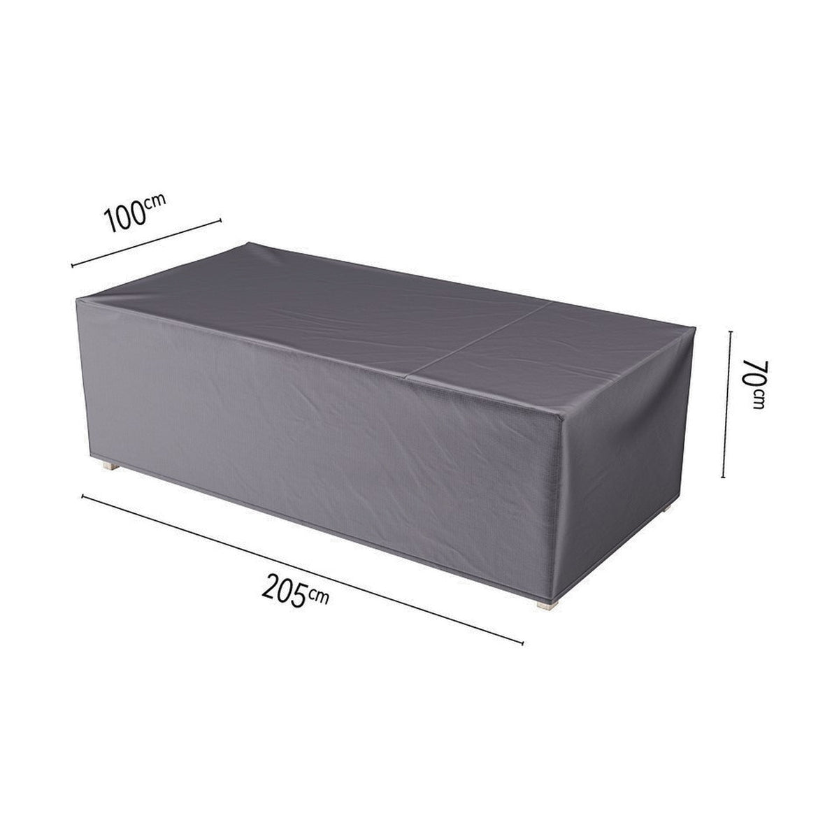 Rectangular garden furniture cover in anthracite fabric, fitted over a bench shape with dimension labels showing 205cm length, 100cm width and 70cm height, on a plain white background.