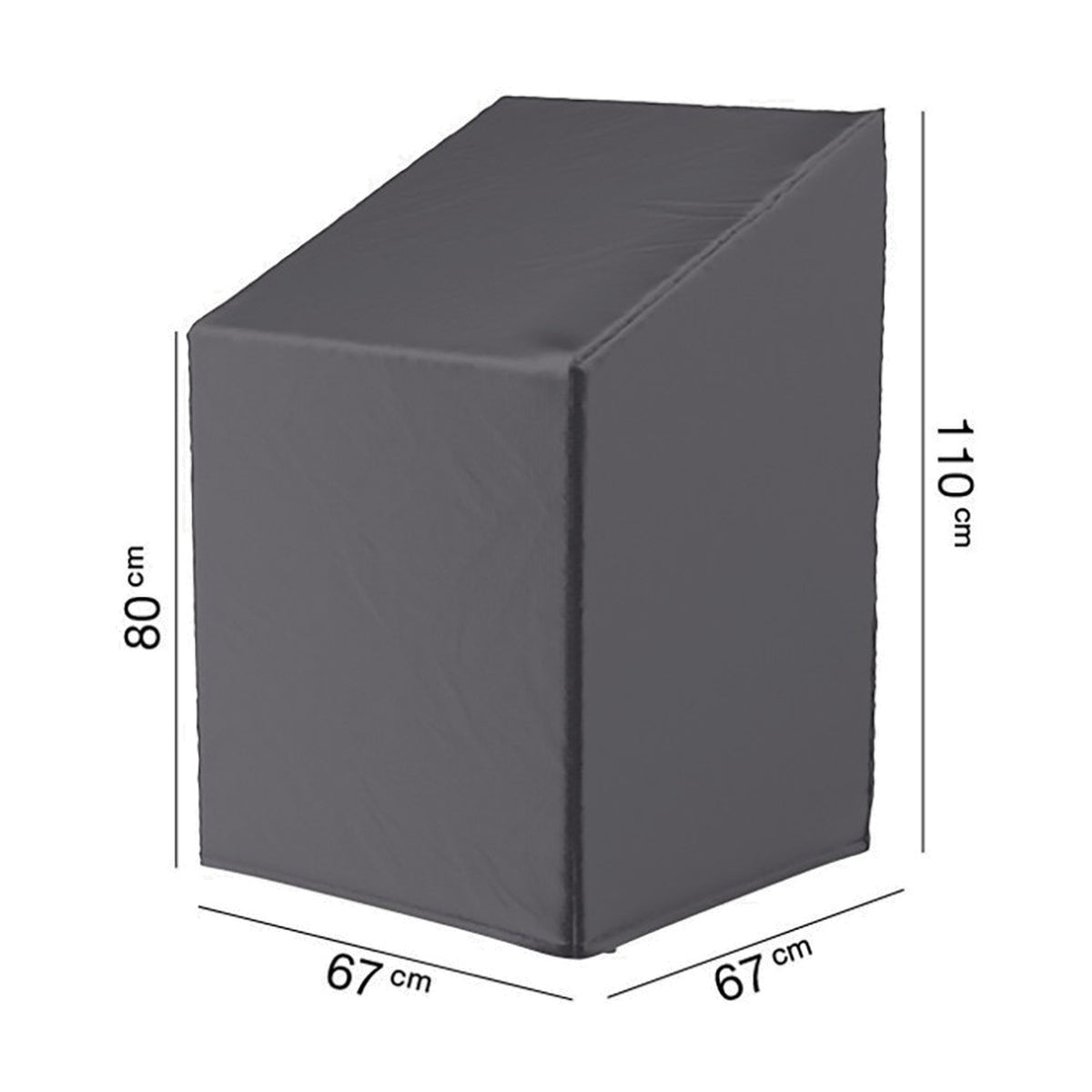 Anthracite fabric stackable chair Aerocover with sloped top, 67 x 67cm base, shown on a plain white background with 80/110cm height markers.