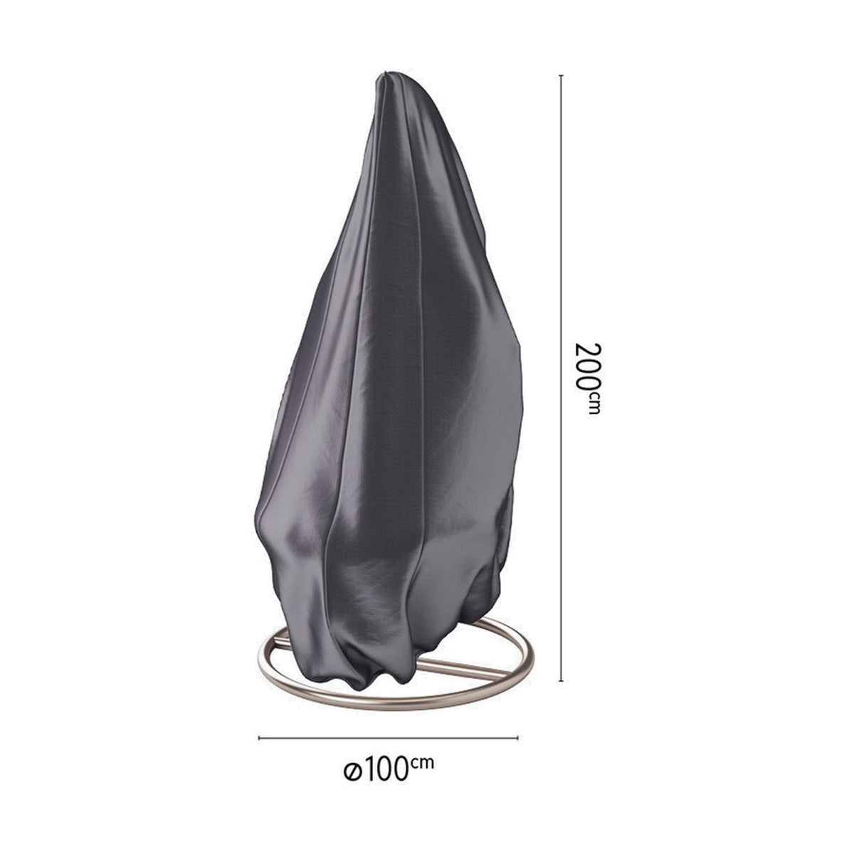 Anthracite fabric hanging chair Aerocover draped over a circular metal stand, shown against a white background with height 200cm and width Ø100cm dimension lines.