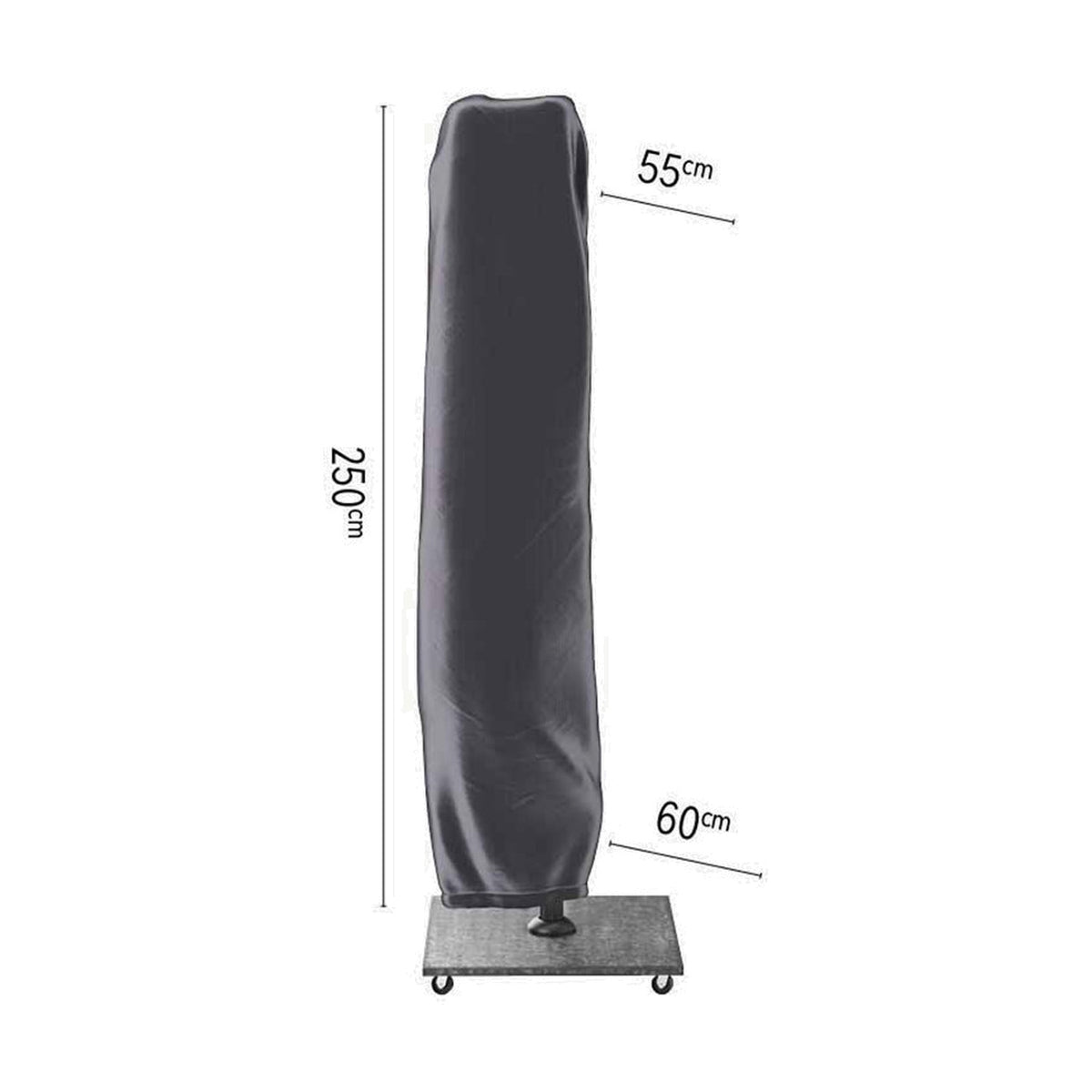 Cantilever parasol aerocover in anthracite fabric, tapered shape 250cm tall with 55/60cm top and 60cm base, shown on a stand against a plain white background.