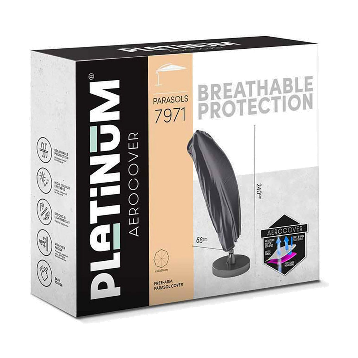 Product packaging for Platinum Aerocover cantilever parasol cover, 240 x 68 x 68cm, in anthracite fabric, shown alongside size diagram icons on a white box.