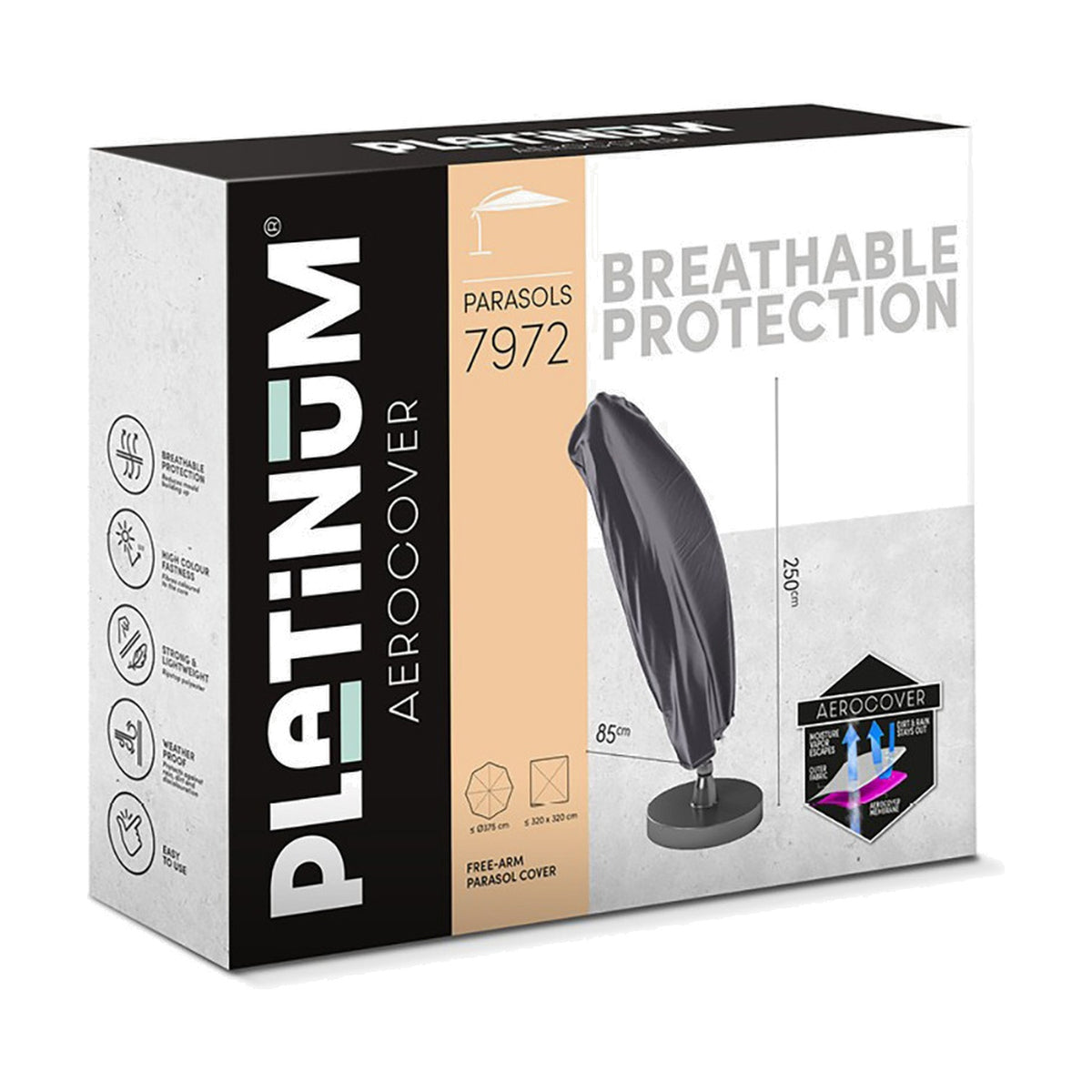 Product packaging for the Cantilever Parasol Aerocover 250 x 85 x 85cm, showing an anthracite fabric cover fitted over a free-arm parasol, with feature icons and dimensions.