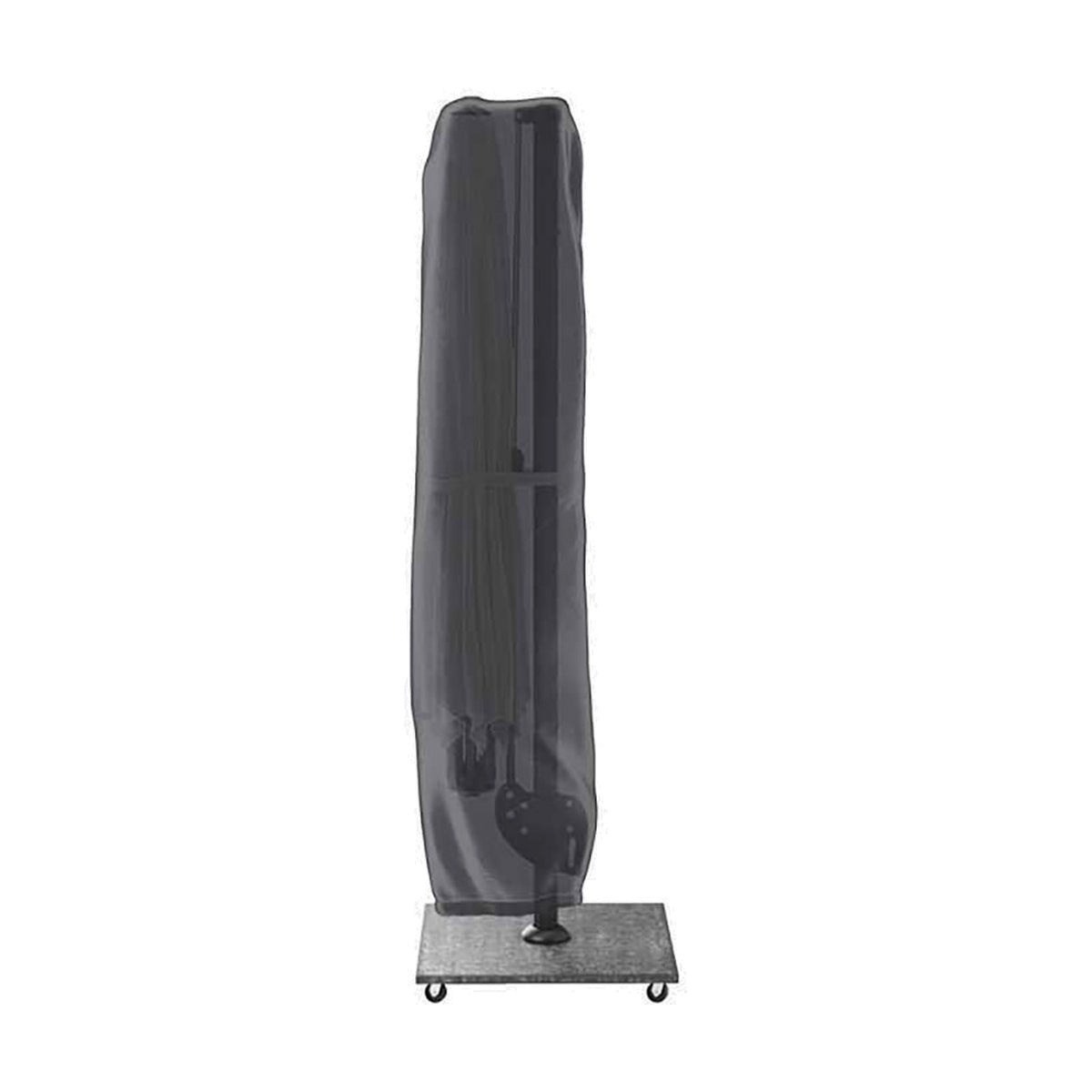 Cantilever parasol Aerocover in anthracite fabric, a tall folded shape on a square weighted base with visible pole outline, shown against a plain white background.