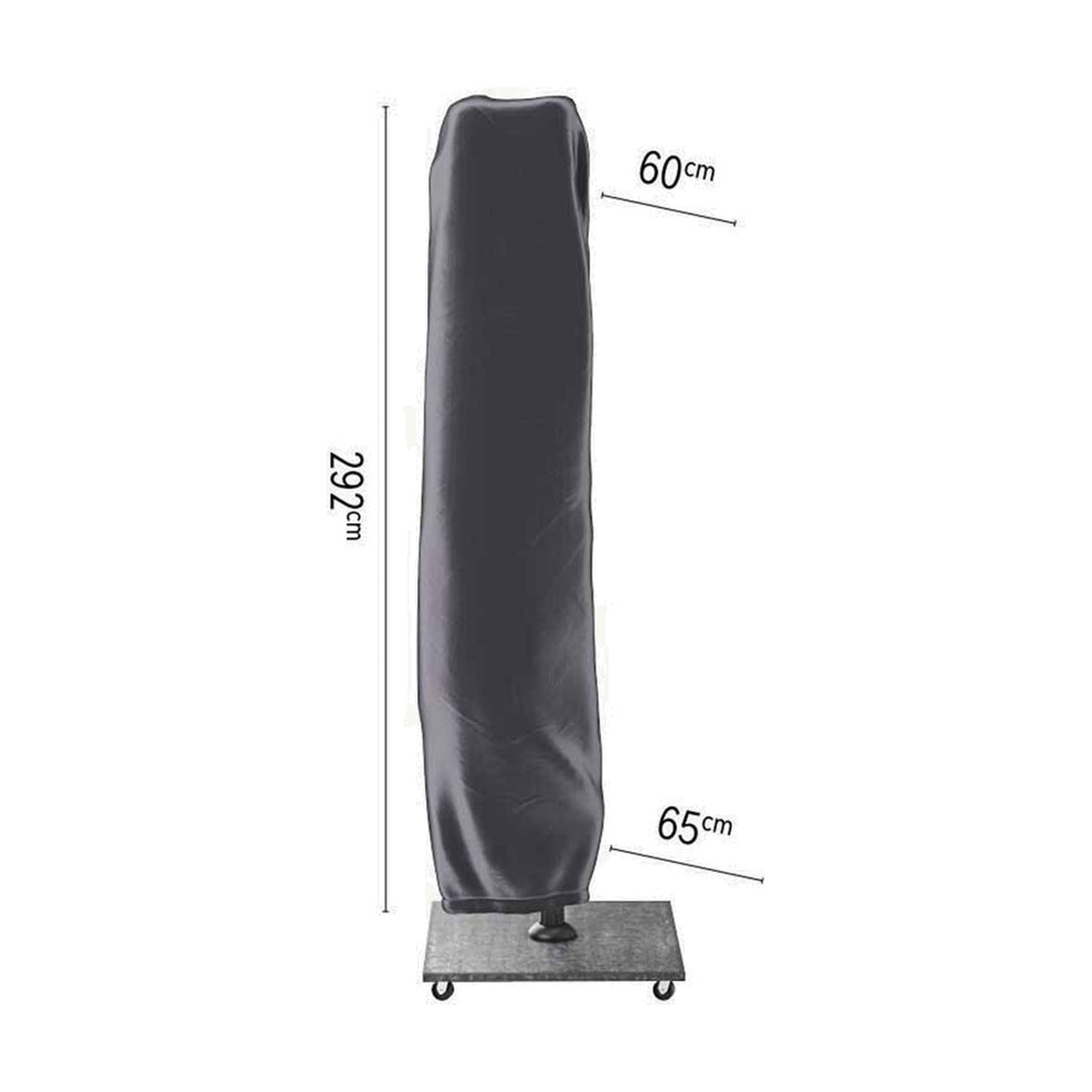 Cantilever parasol aerocover in anthracite fabric with tapered shape, 292cm long by 60/65cm wide, resting on a base with wheels against a plain white background.