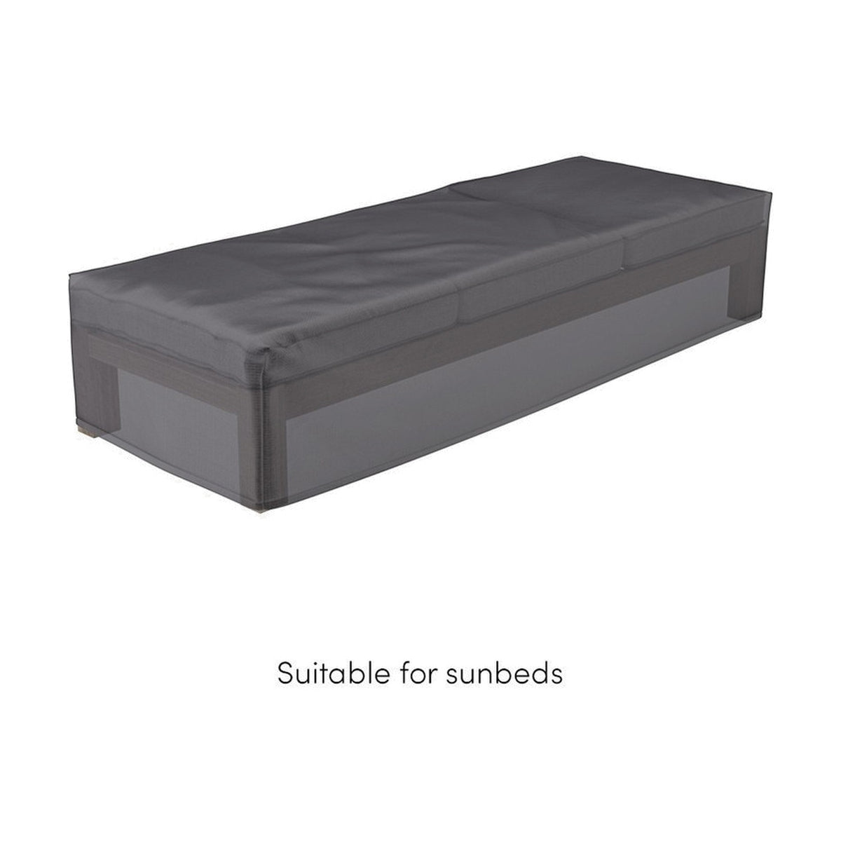 Sunbed Aerocover in anthracite fabric, 210 x 90cm, fitted over a sunbed shape on a plain white background.
