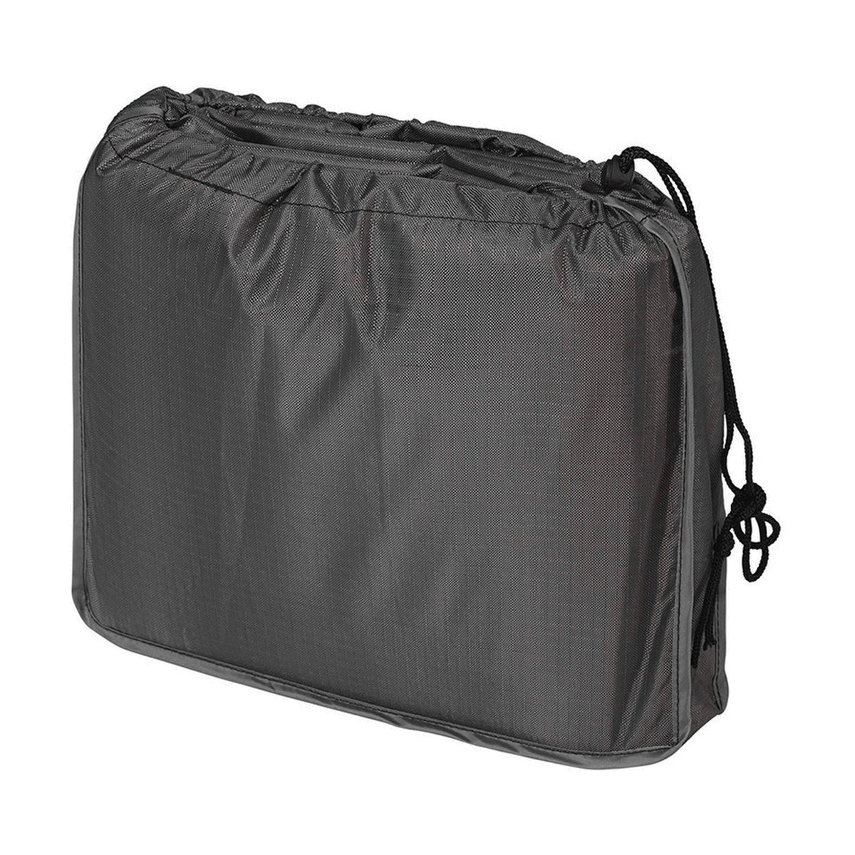 Sunbed Aerocover, 210 x 90cm, in anthracite fabric with a zipped drawstring closure and pull cord, folded into a compact rectangular case on a white background.