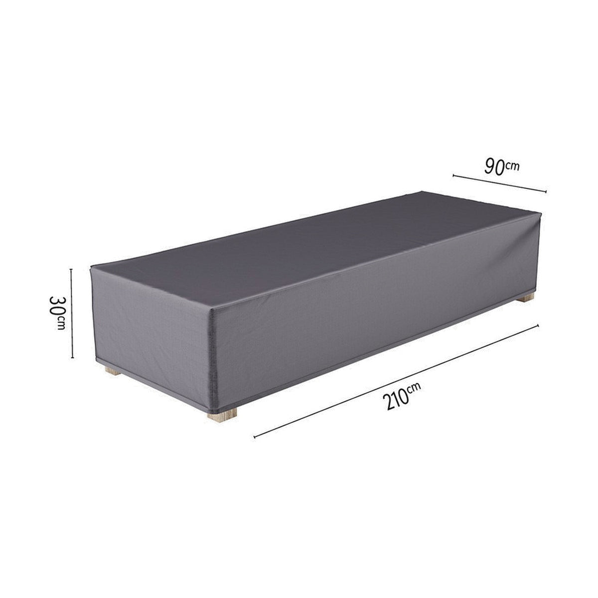Sunbed Aerocover in anthracite fabric fitted over a rectangular sunbed base, 210 x 90cm with 30cm height, shown on a plain white background.