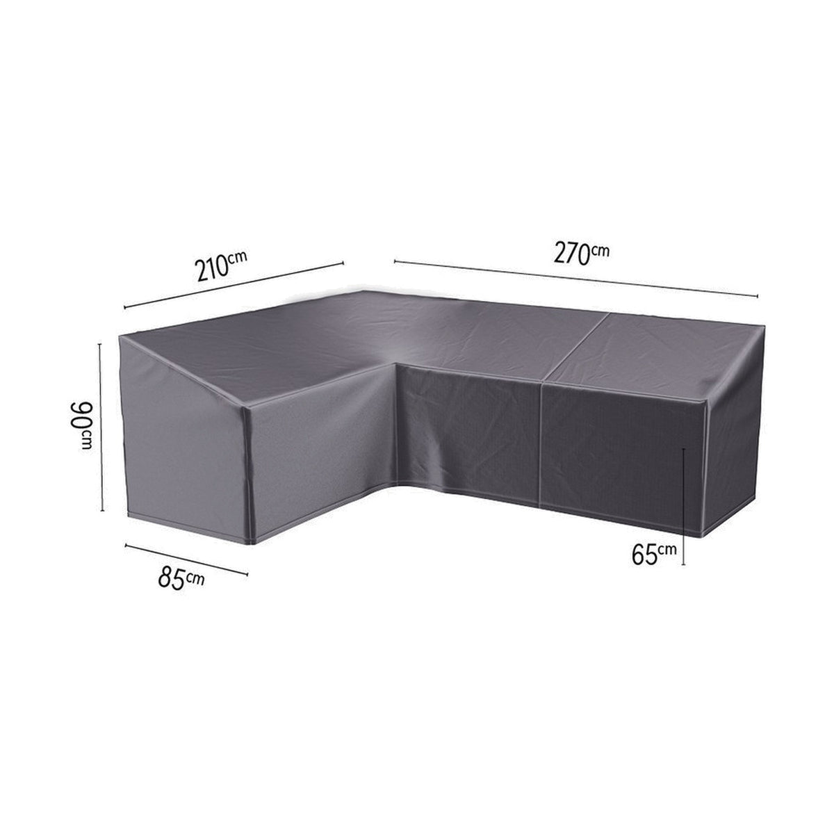 L-shaped garden furniture cover in anthracite polyester, fitted over corner seating, with dimension labels for length, depth and height, on a plain white background.