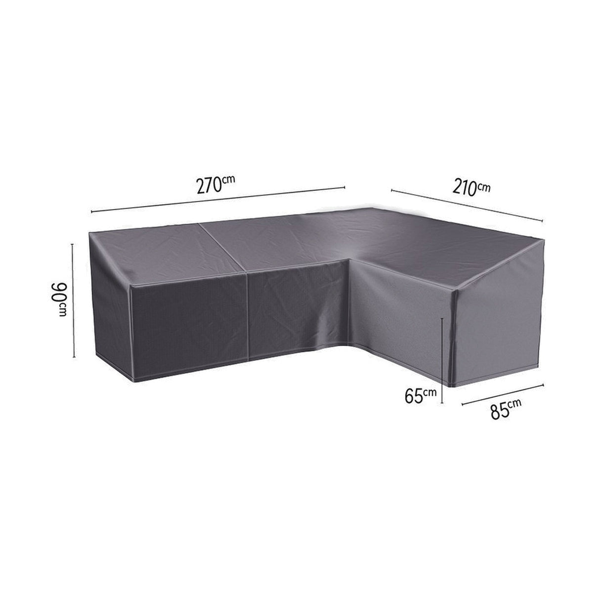 L-shaped anthracite polyester garden furniture cover with labelled dimensions, shown on a plain white background, sized for corner outdoor seating sets.
