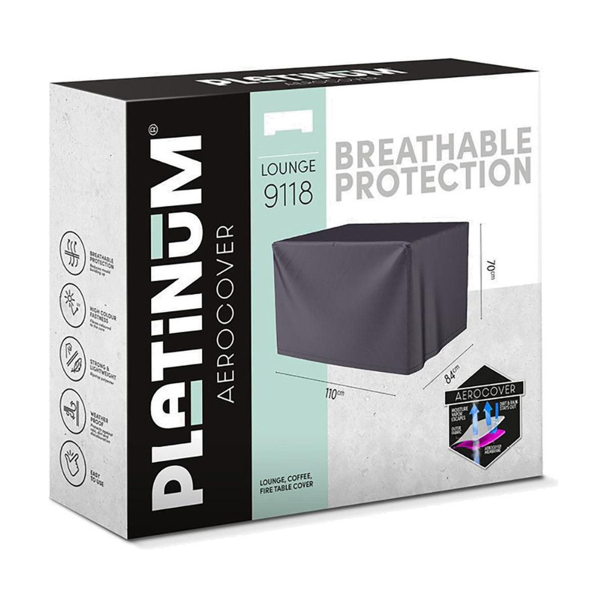 Product packaging for the Platinum Aerocover Lounge 9118, a 110 x 84 x 70cm anthracite fire table cover shown boxed with dimensions and breathable protection icons.
