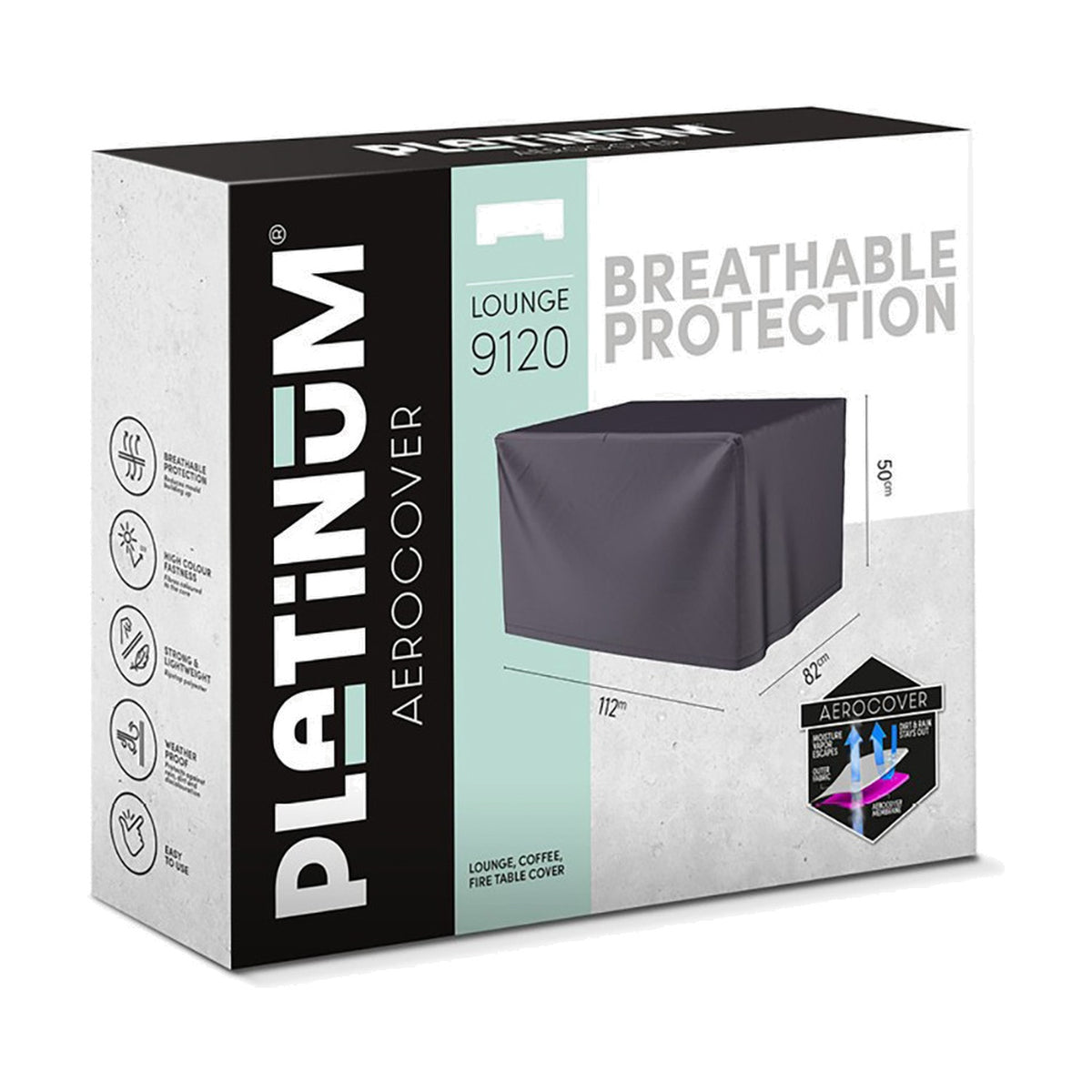 Packaging for the Platinum Aerocover Lounge 9120 firetable cover, 112 x 82cm, anthracite fabric, shown on retail box with breathable protection graphics.