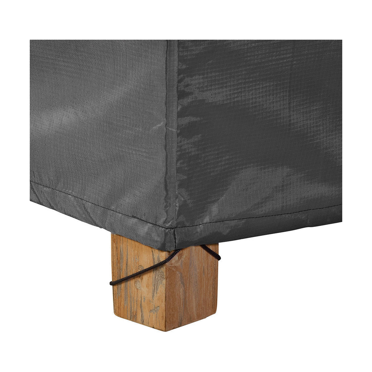 Close-up of the Firetable Aerocover, 72 x 72cm, in anthracite polyester with a drawstring corner secured around a wooden block foot.