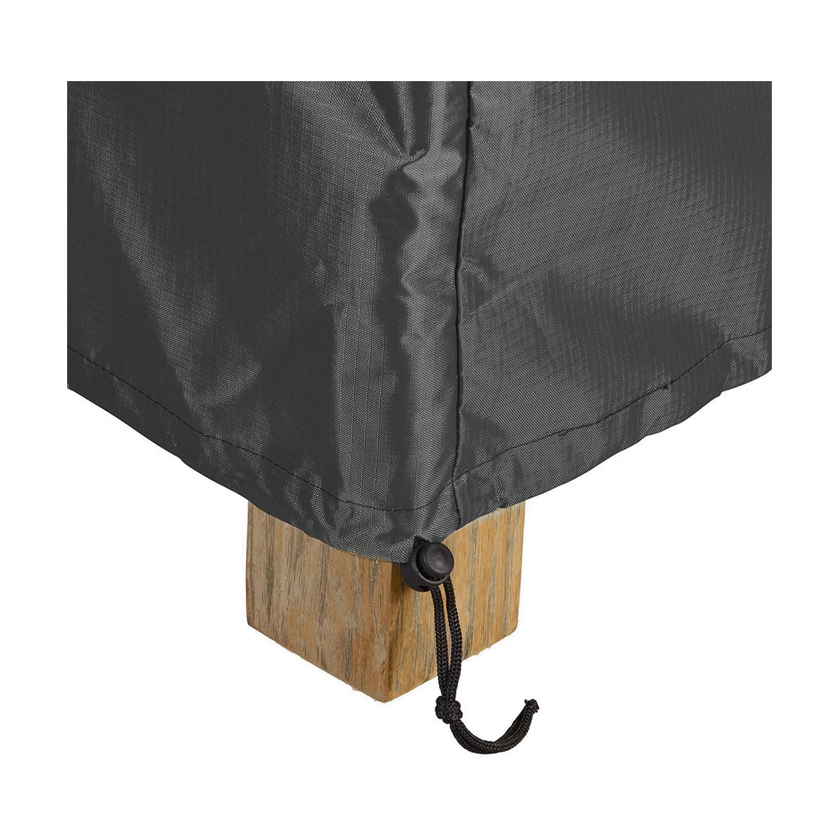 Close-up of the Firetable Aerocover, 77 x 77cm, in anthracite fabric fitted over a wooden corner post with a drawstring toggle for a secure fit.