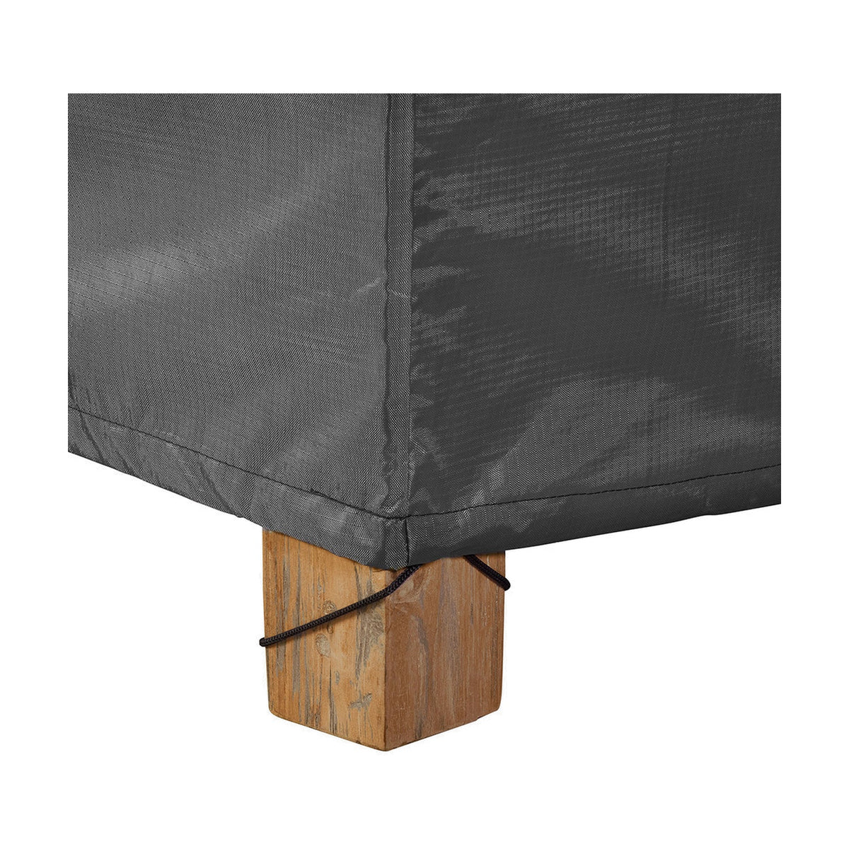 Firetable Aerocover, 77 x 77cm, in anthracite fabric shown close-up over a corner, secured with a drawstring toggle around a wooden furniture leg.