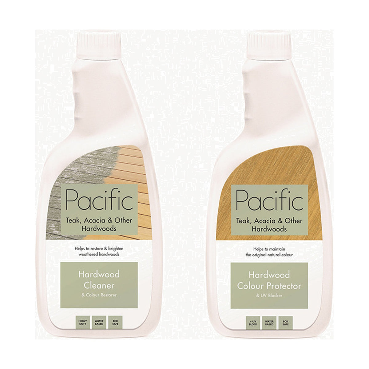 Two white spray bottles of Pacific Hardwood Cleaner & Colour Restorer and Hardwood Colour Protector & UV Blocker, 750ml, with wood-toned labels on a plain background.
