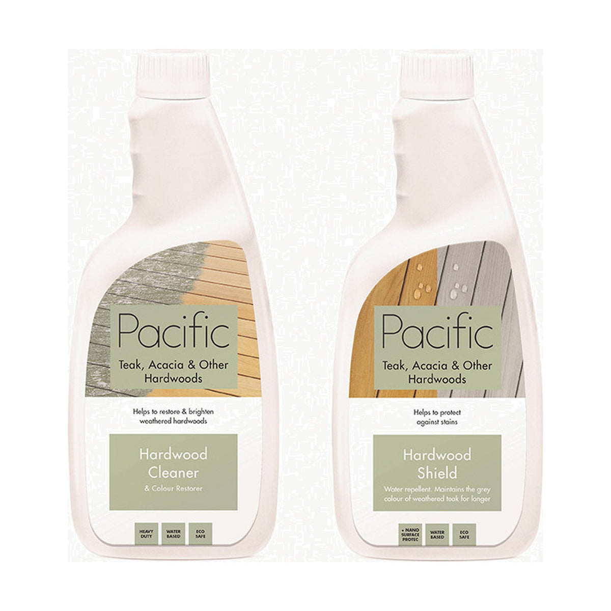 Two white plastic spray bottles with screw caps, labelled Pacific Hardwood Cleaner & Colour Restorer and Hardwood Shield, shown against a plain white background.