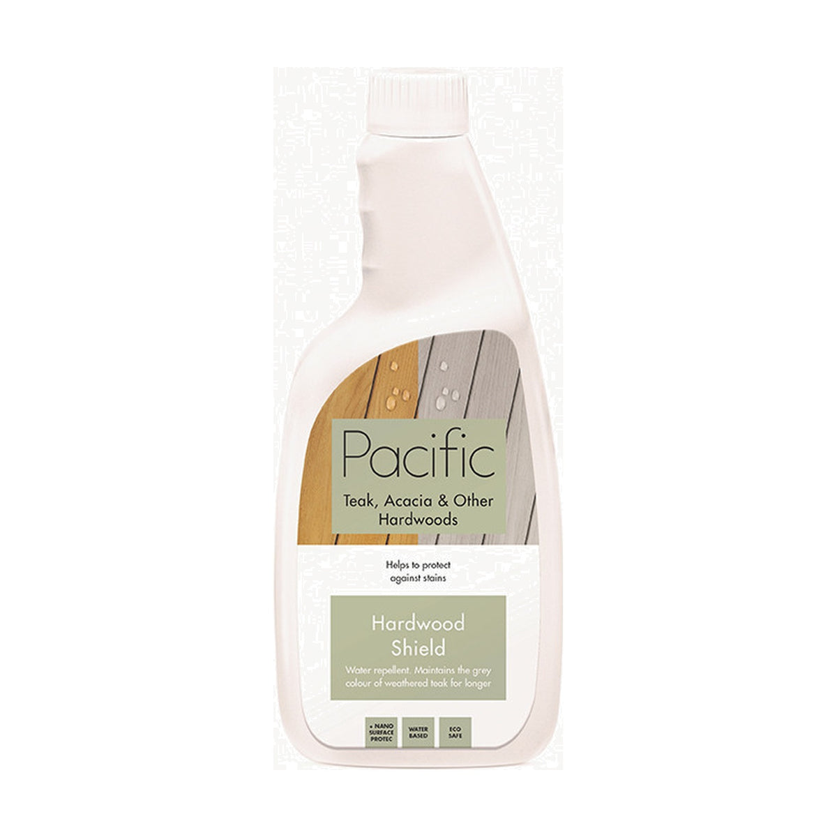 White plastic spray bottle of Pacific Hardwood Shield garden furniture cleaner, 750ml, with green and wood-tone label on a plain white background.