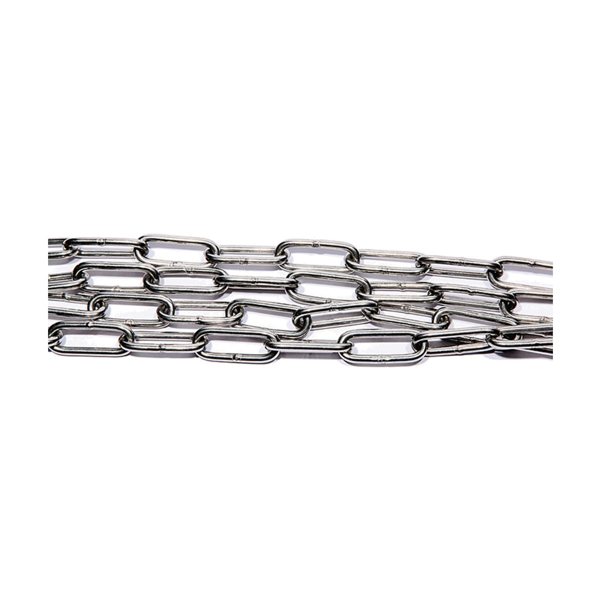 Stainless steel chain link, 200cm long, with elongated oval links in a polished chrome finish, shown coiled on a plain white background.